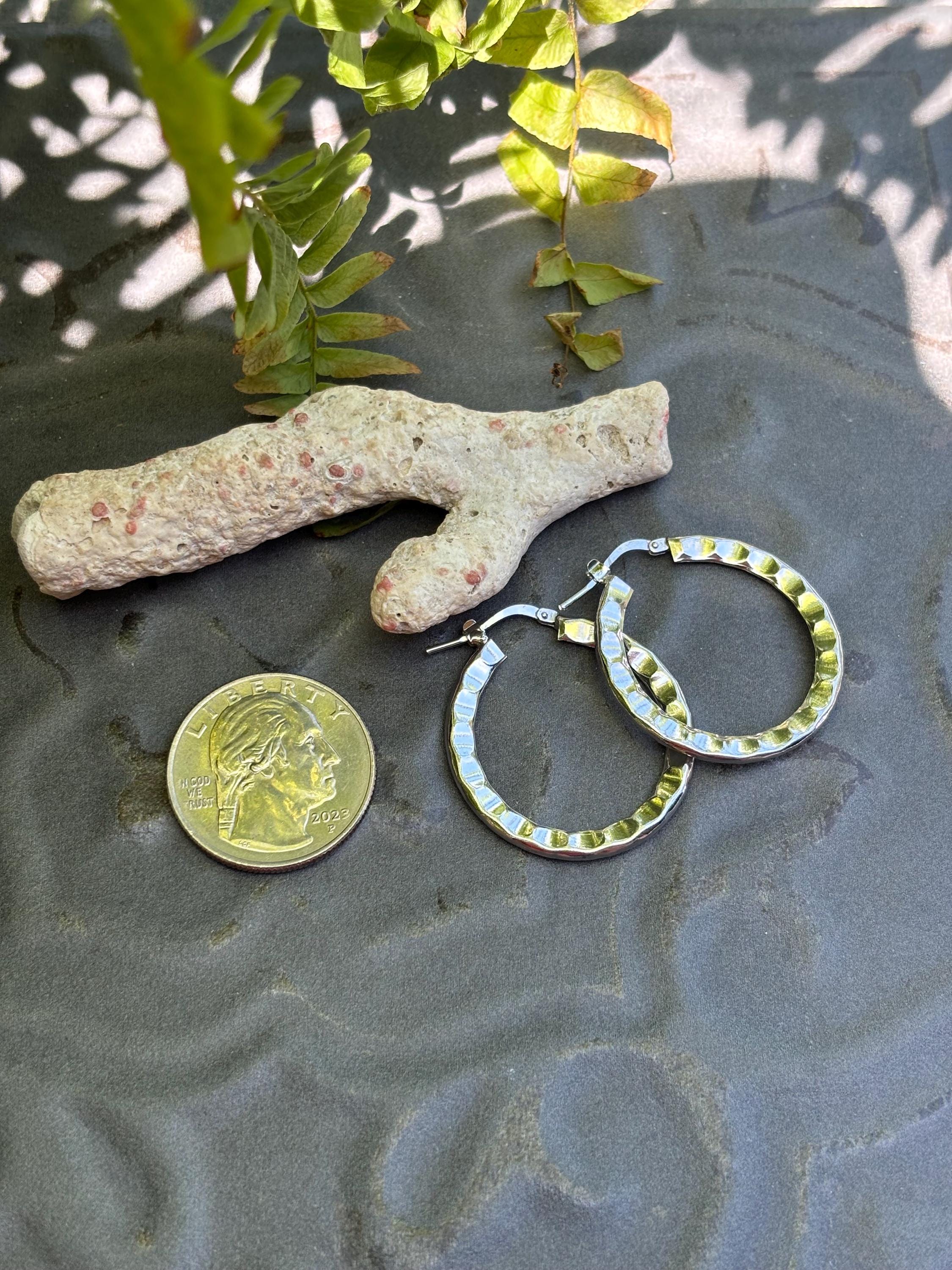 Sterling Silver Rh-plated Hammered Hoop Earrings