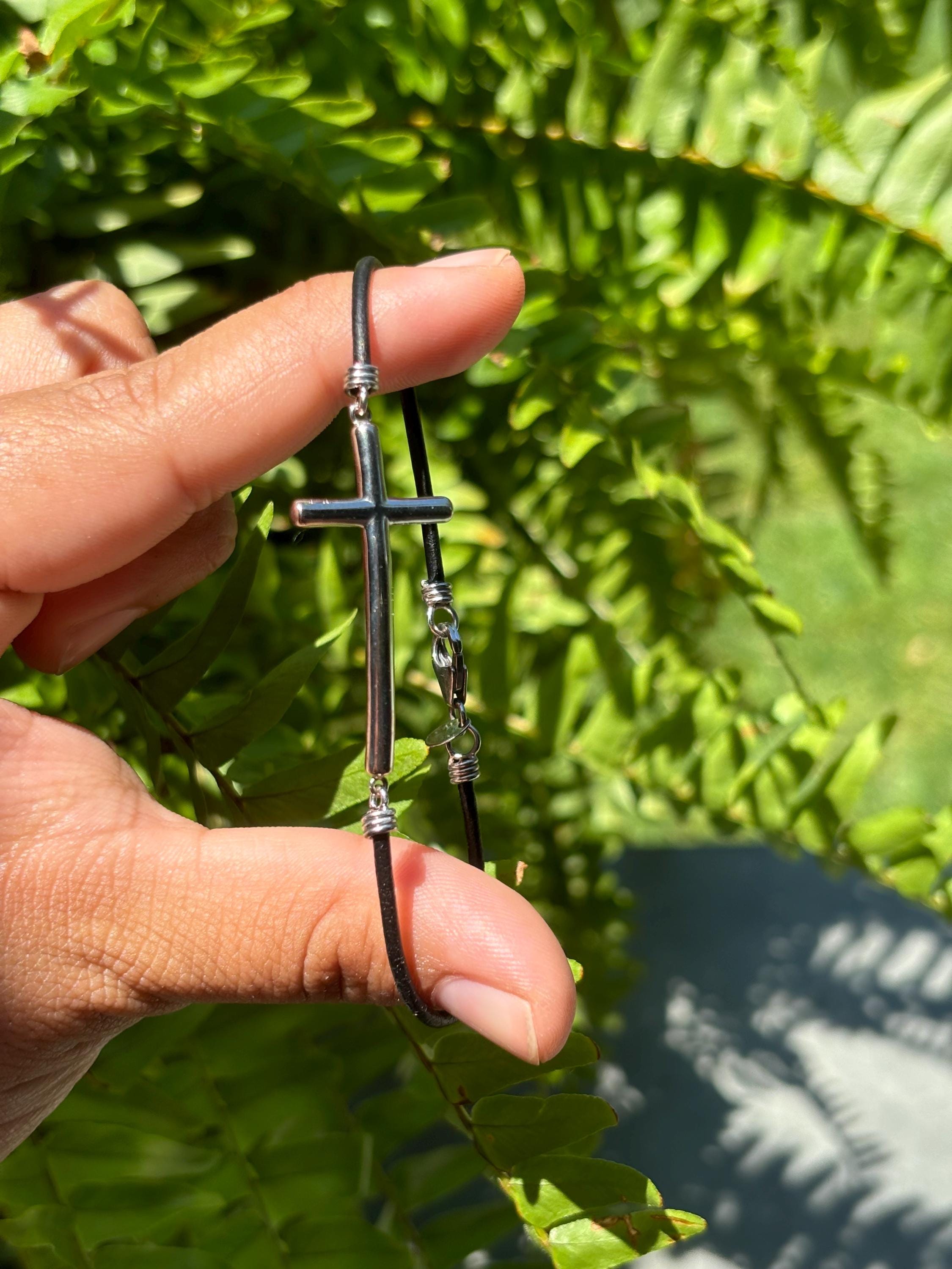 Sterling Silver Cross Bracelet Leather Strap