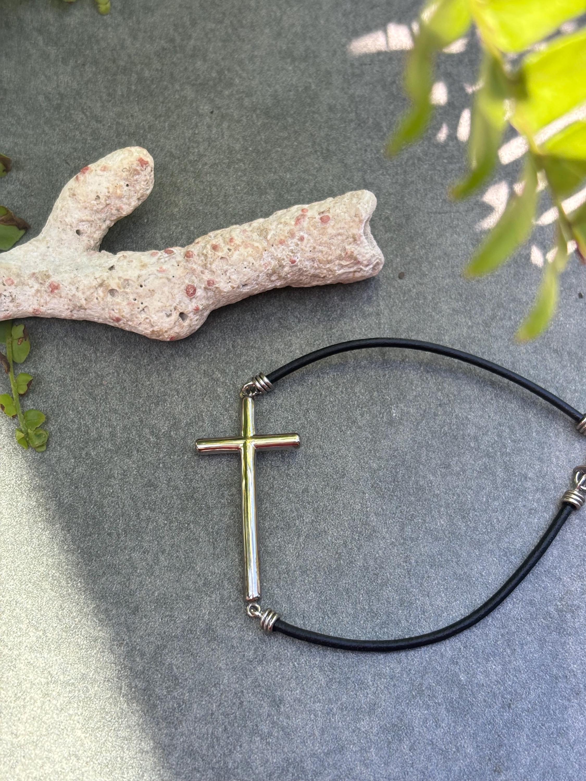 Sterling Silver Cross Bracelet Leather Strap