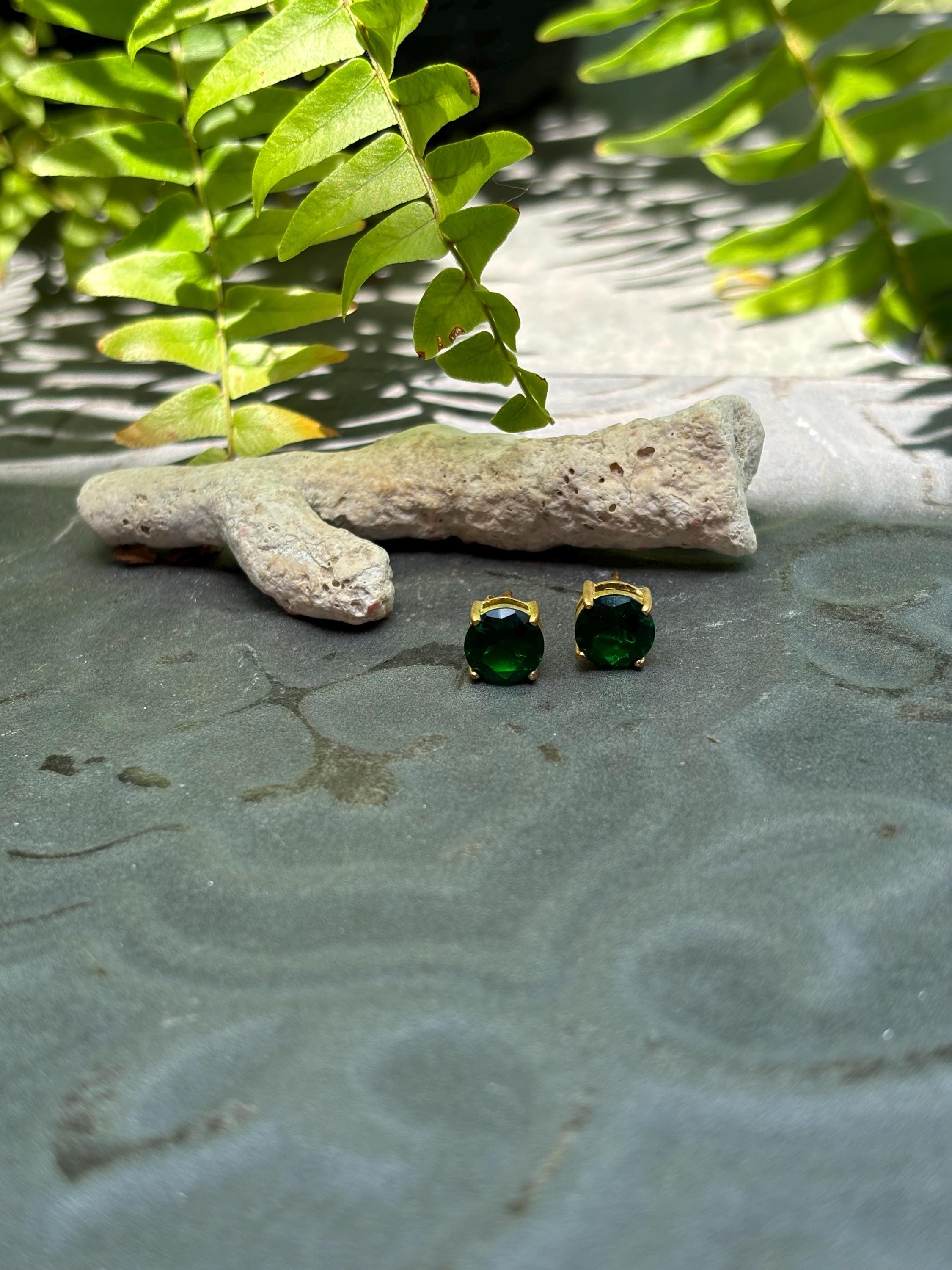 Brass Gold Emerald Inspired Post Earrings