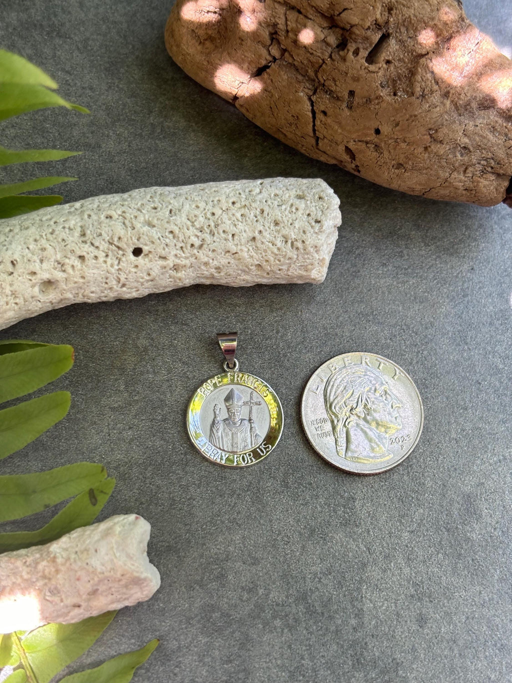 14K White Gold Satin Polished Hollow Pope Francis Medal