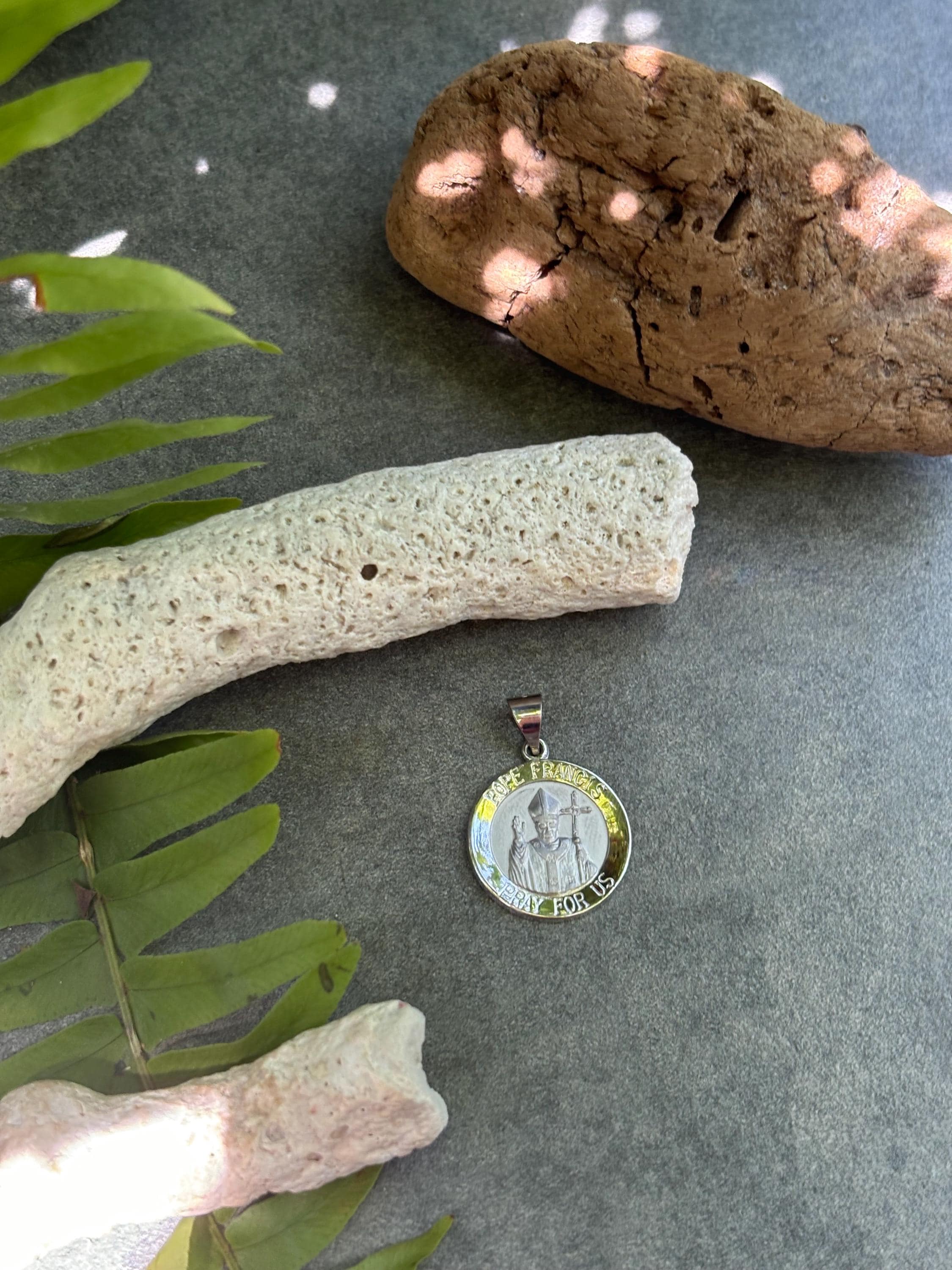 14K White Gold Satin Polished Hollow Pope Francis Medal
