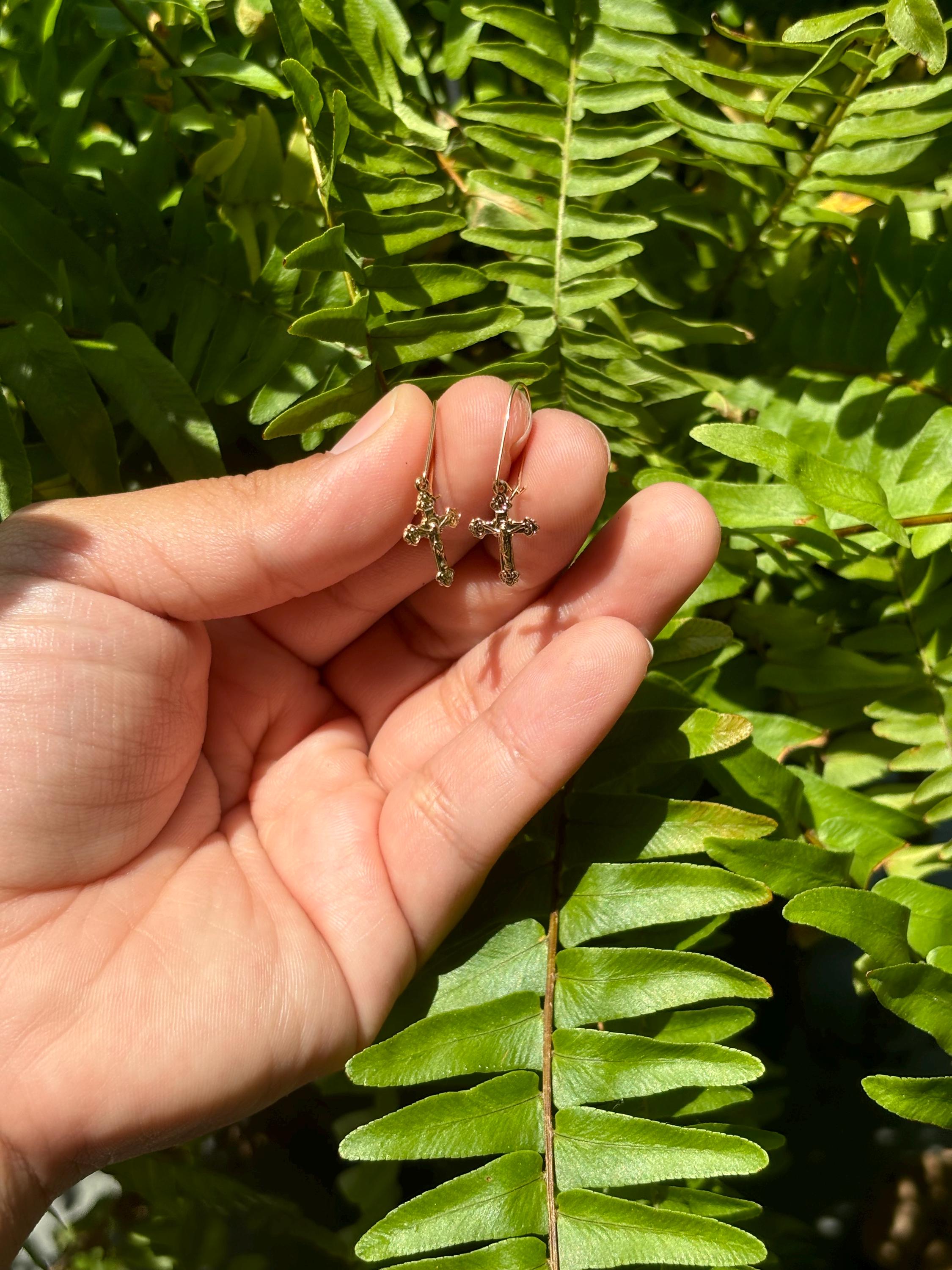 14k DetailedCrucifix Dangle Kidney Wire Earrings