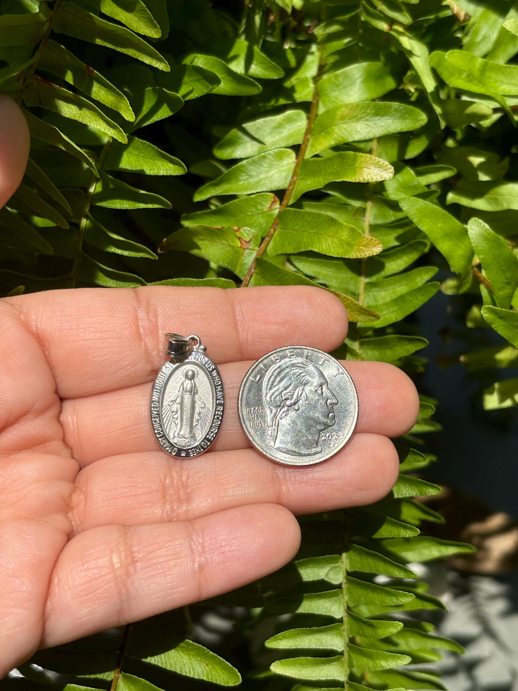 14K White Gold Oval Religious Charm