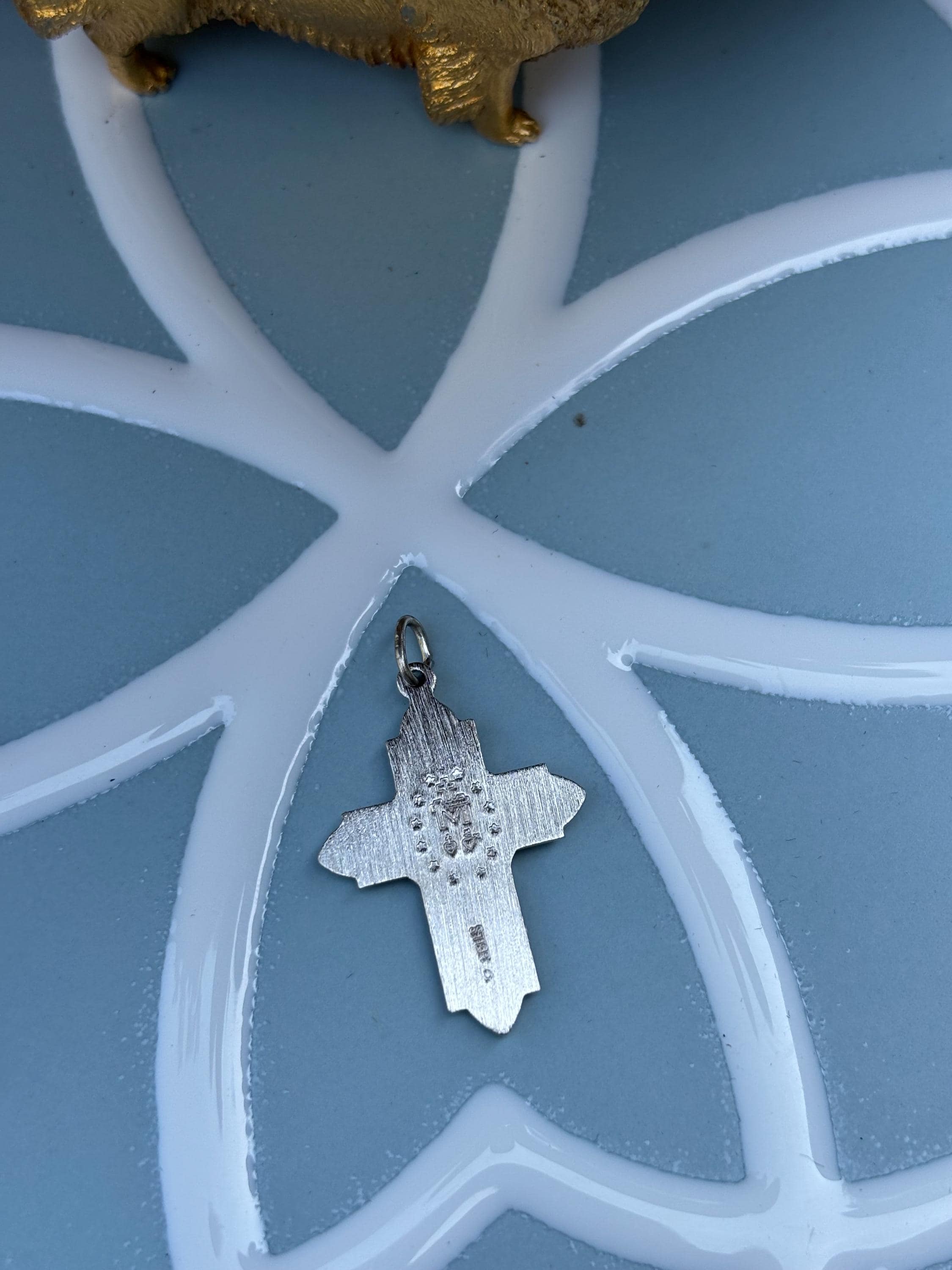 Sterling Silver Platinum-plated Miraculous Medal Cross with Clear Blue Accent