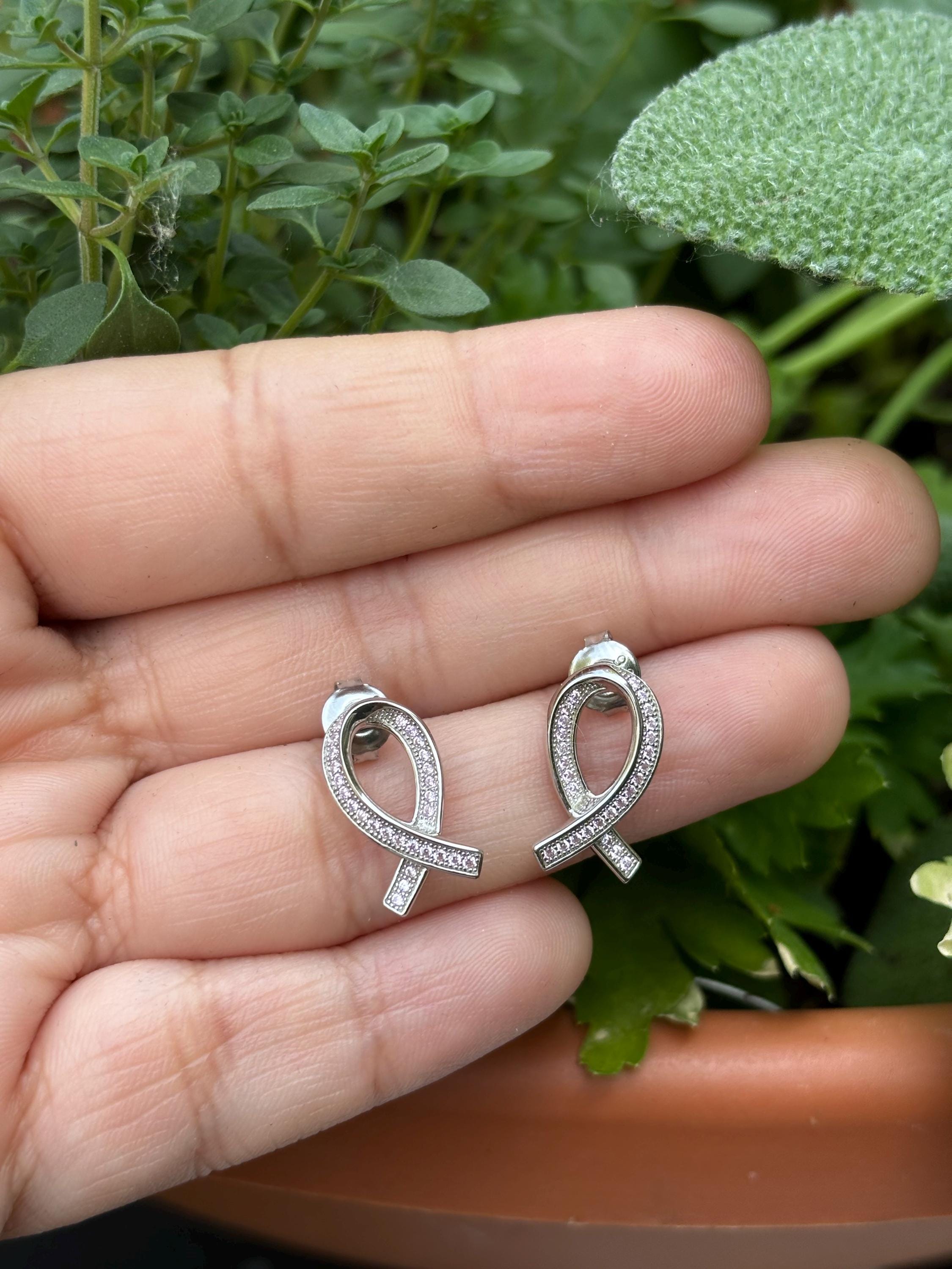Brilliant Sterling Silver Pale Pink Awareness Ribbon Earrings