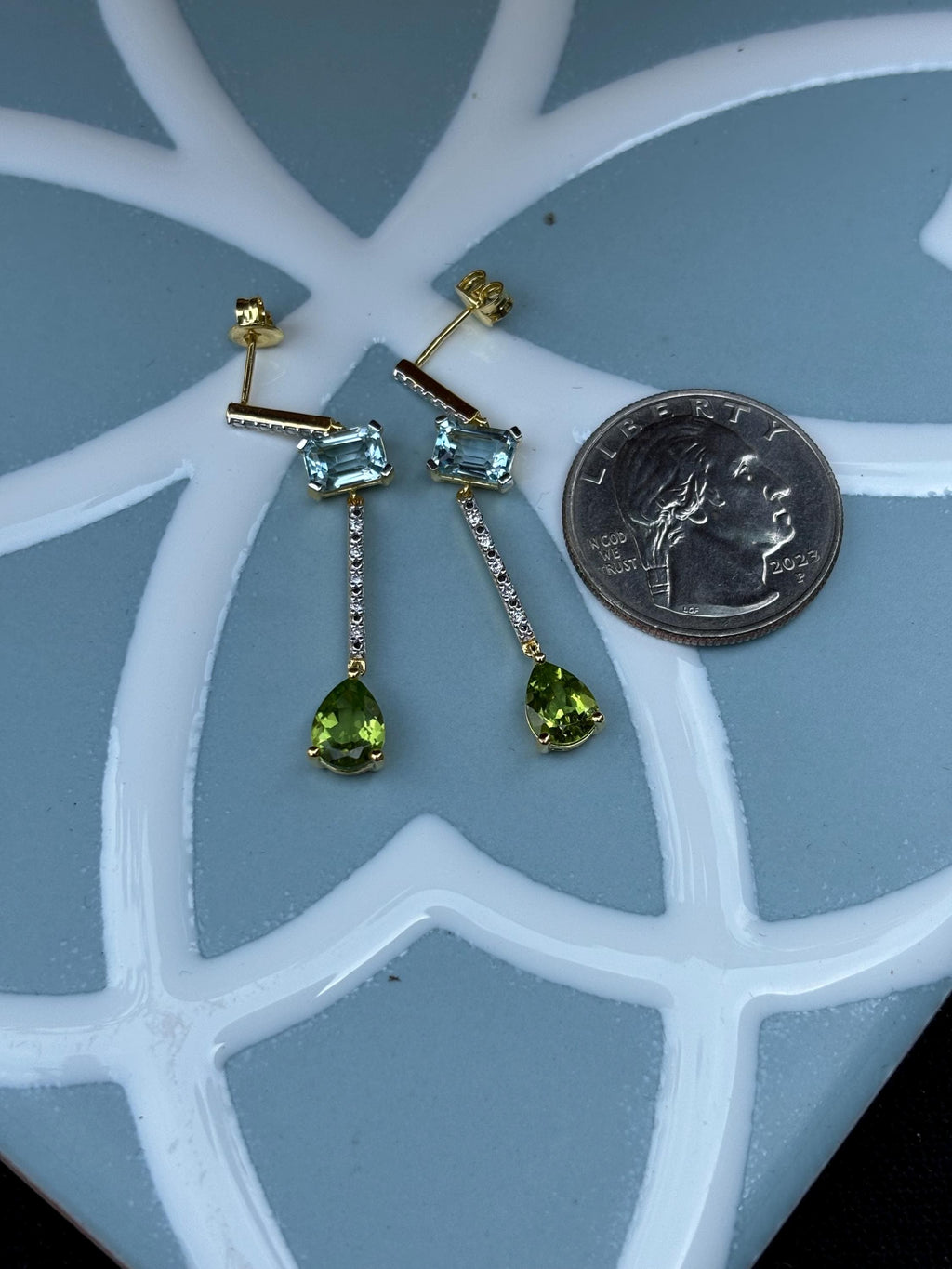 Sterling Silver Blue Topaz, Peridot, Diamond Earrings