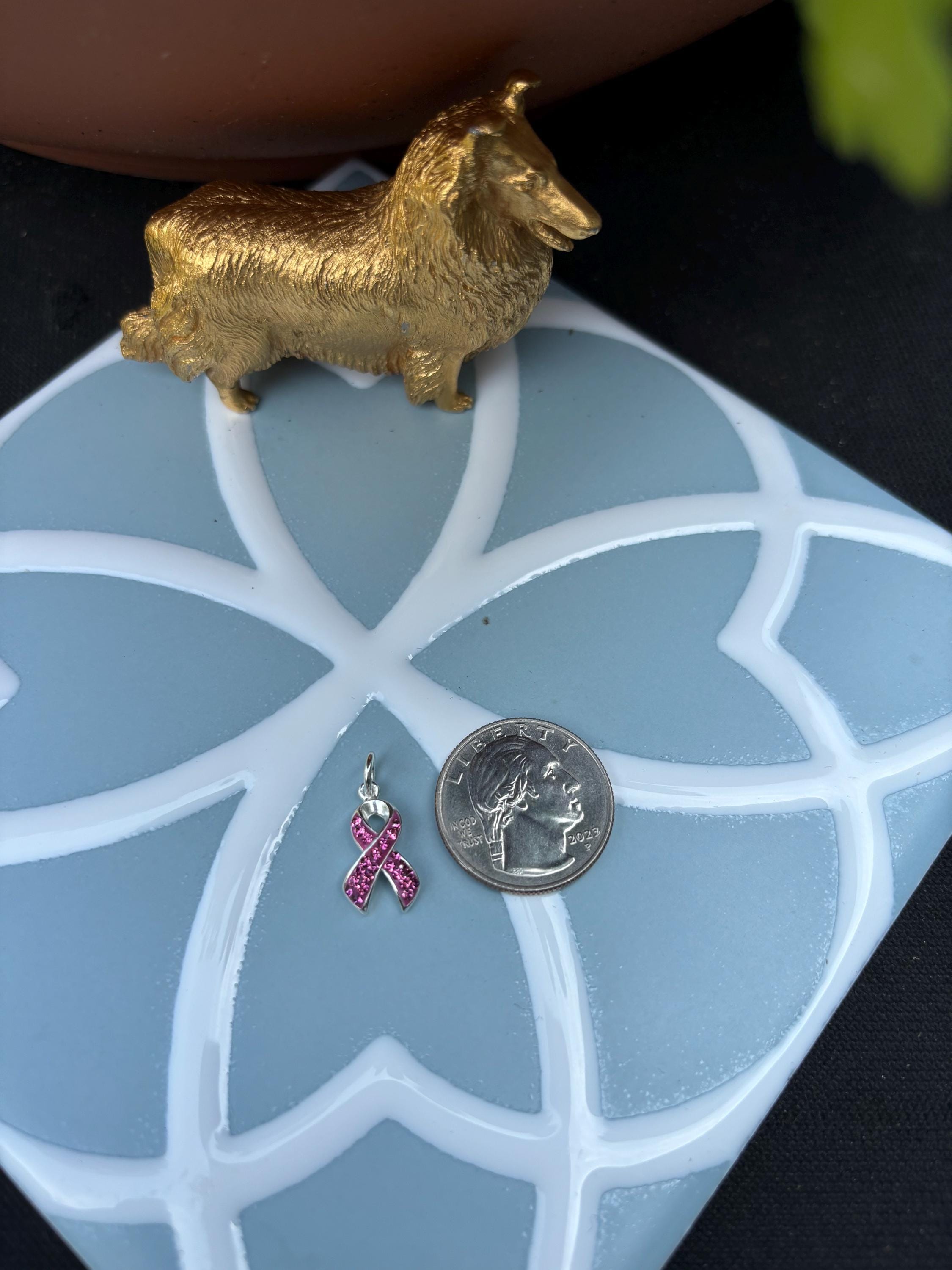 Sterling Silver Crystal Pink Cancer Awareness Ribbon Pendant