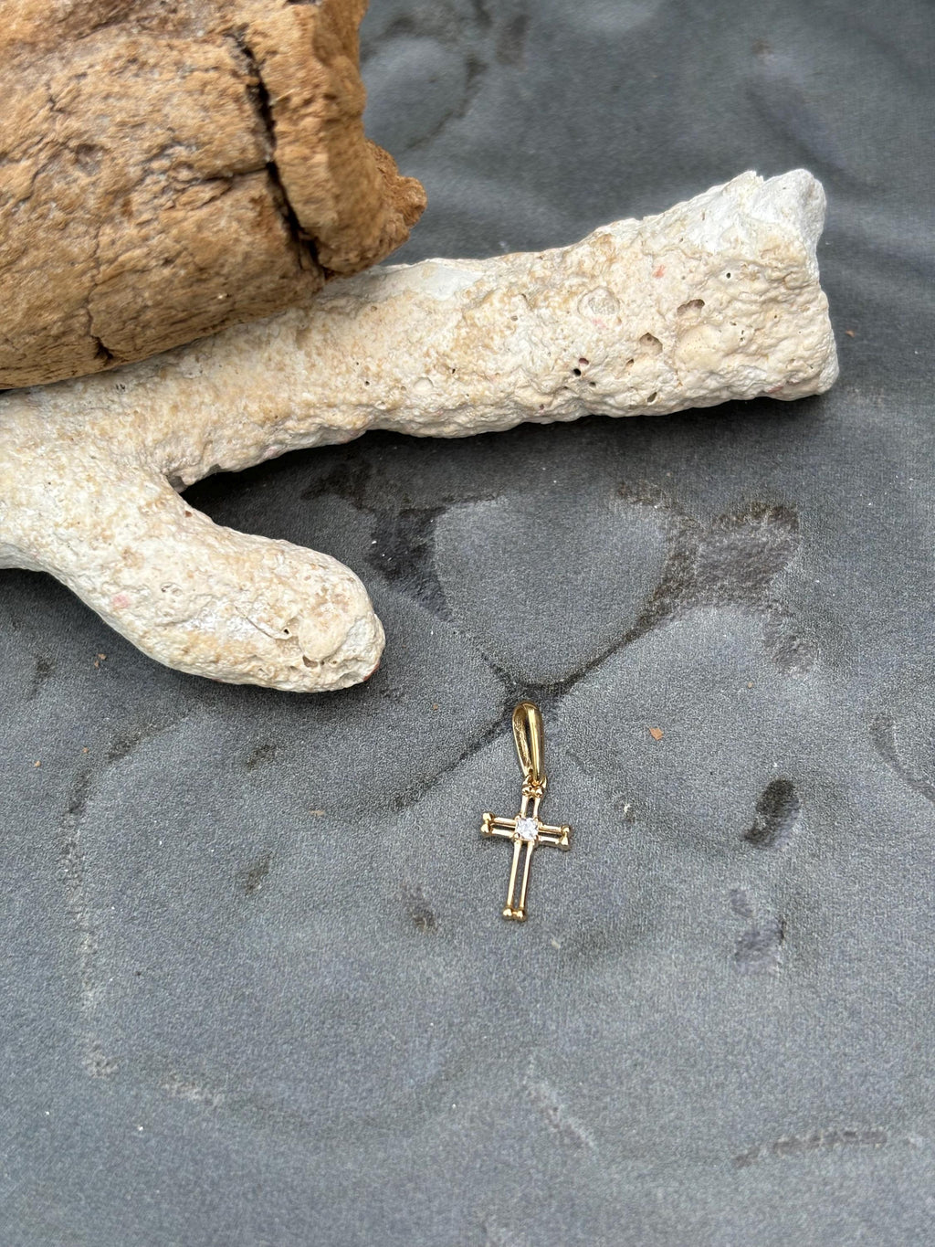 14k Polished and Beaded Cross Mini Charm