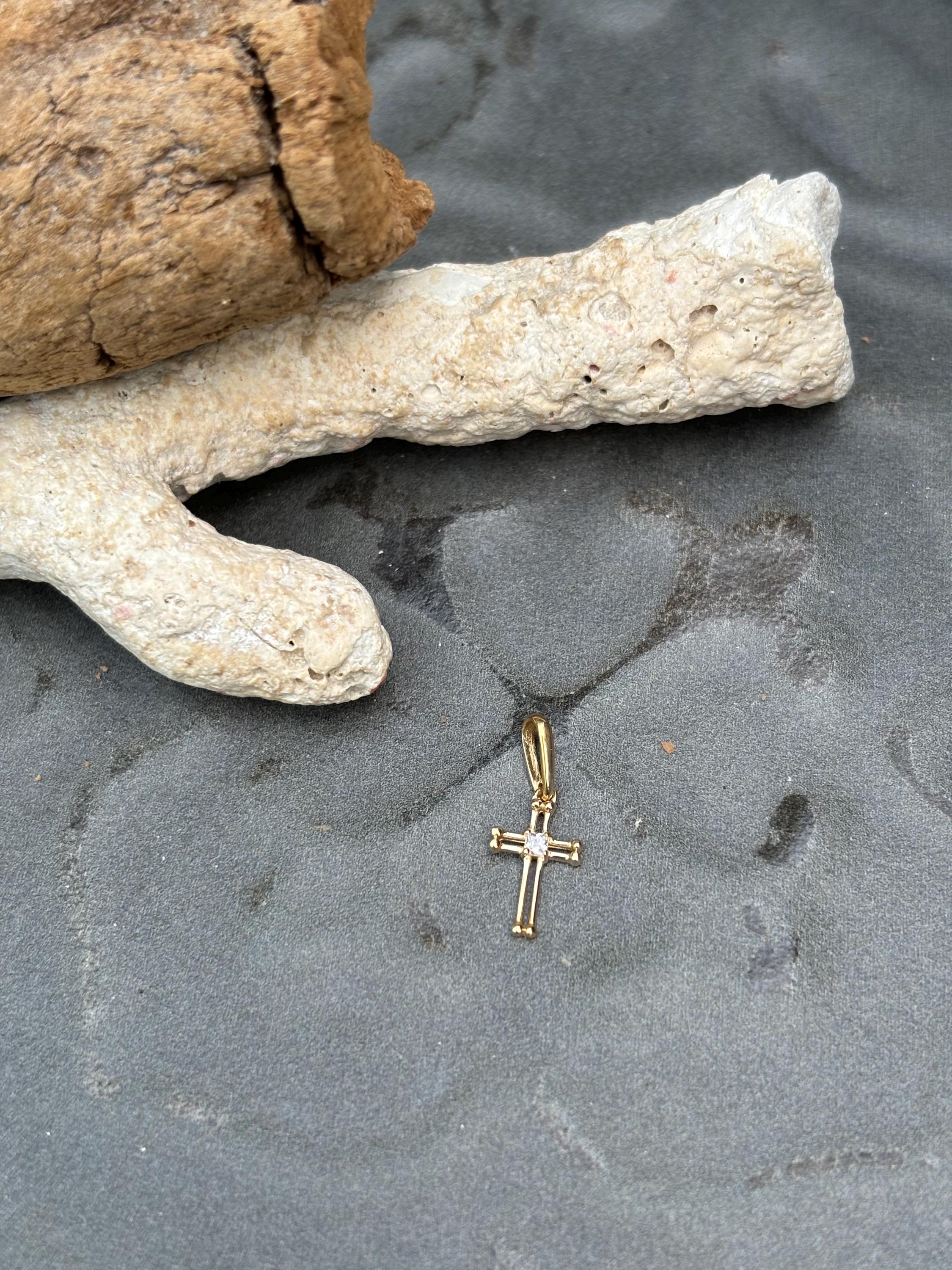 14k Polished and Beaded Cross Mini Charm
