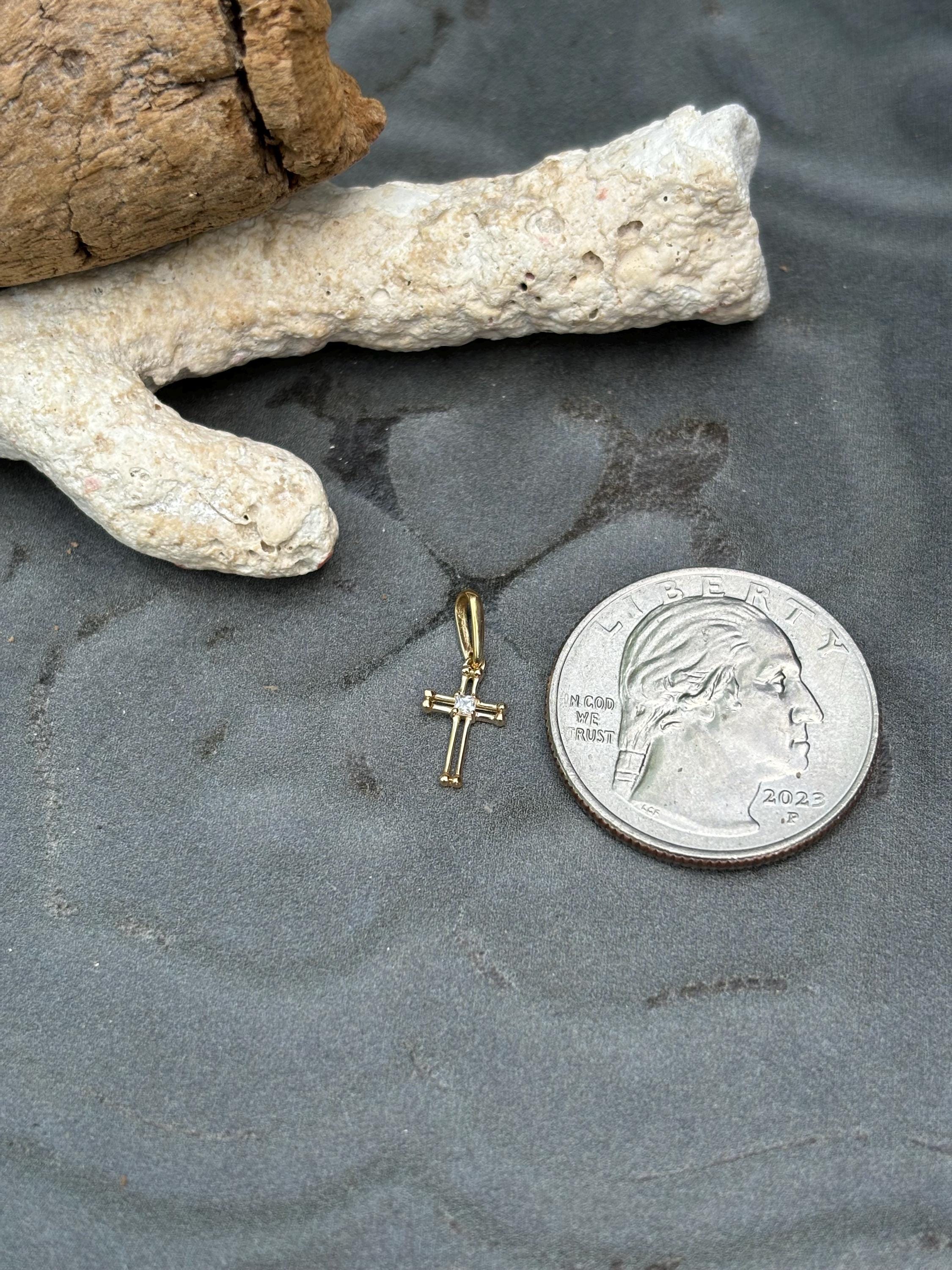 14k Polished and Beaded Cross Mini Charm