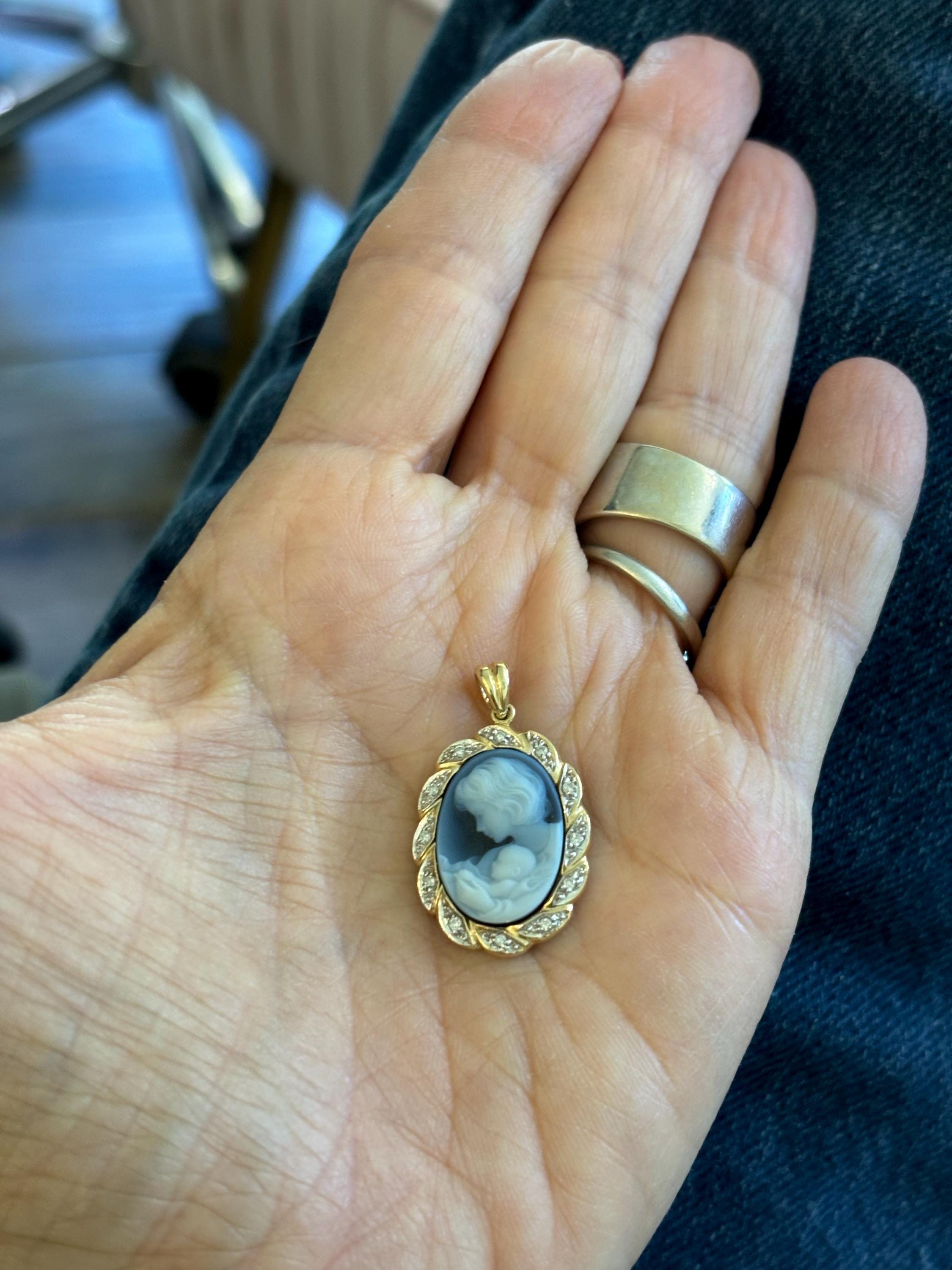 14k White and Yellow Gold Blue Agate Cameo Mother and Child Oval Diamond Pendant