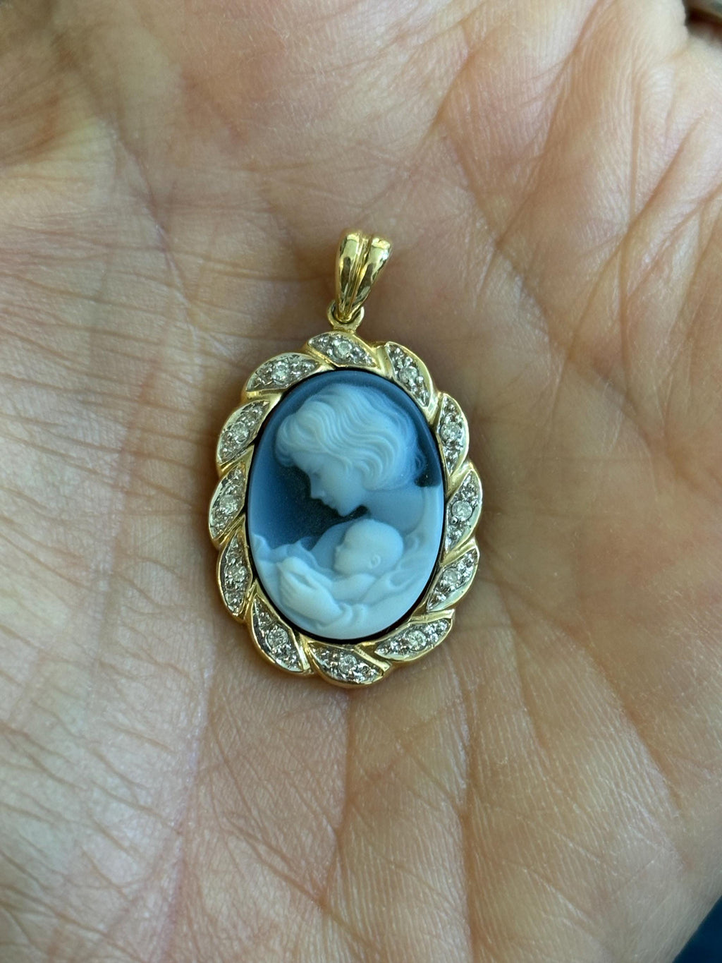 14k White and Yellow Gold Blue Agate Cameo Mother and Child Oval Diamond Pendant