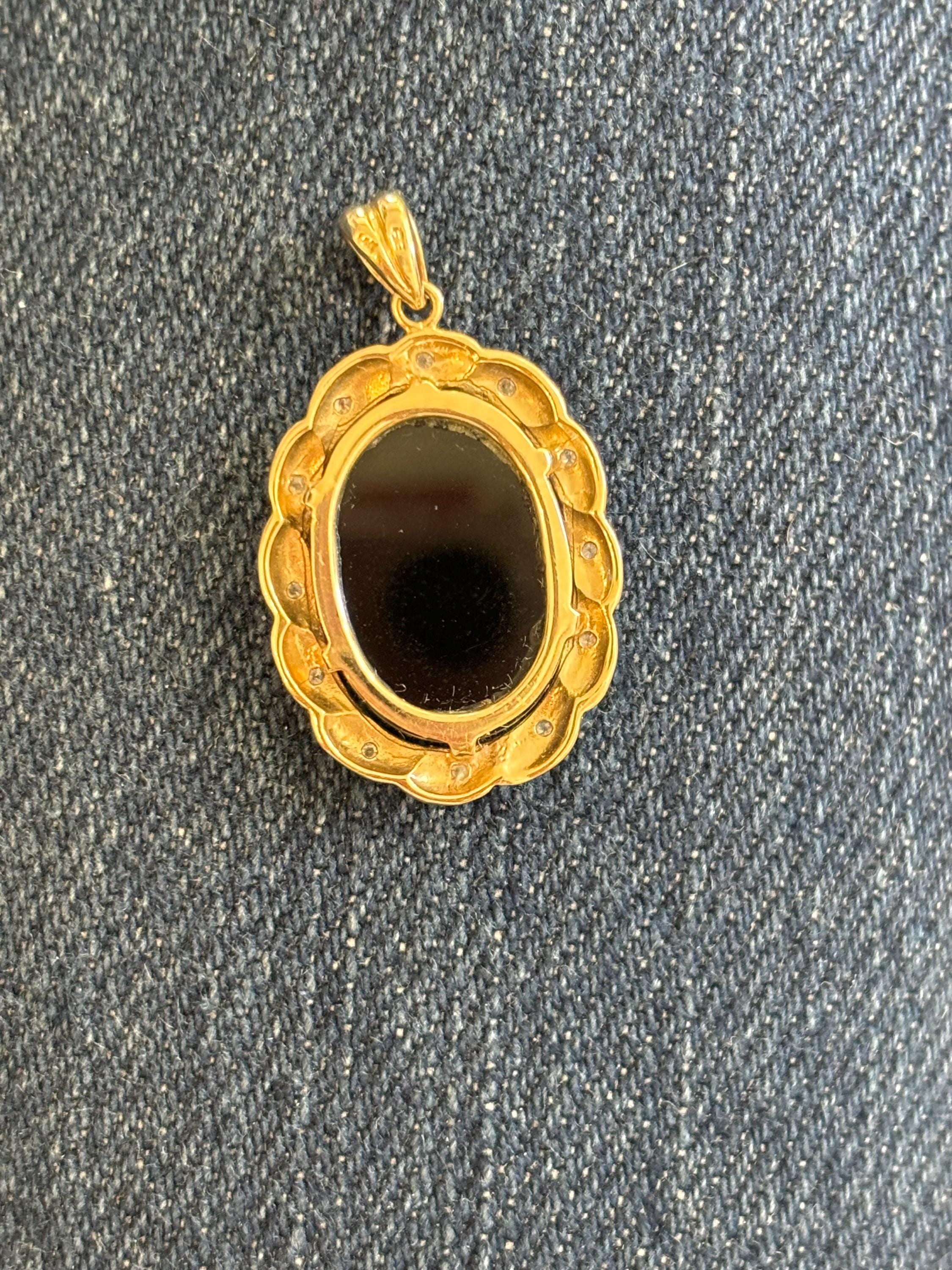 14k White and Yellow Gold Blue Agate Cameo Mother and Child Oval Diamond Pendant