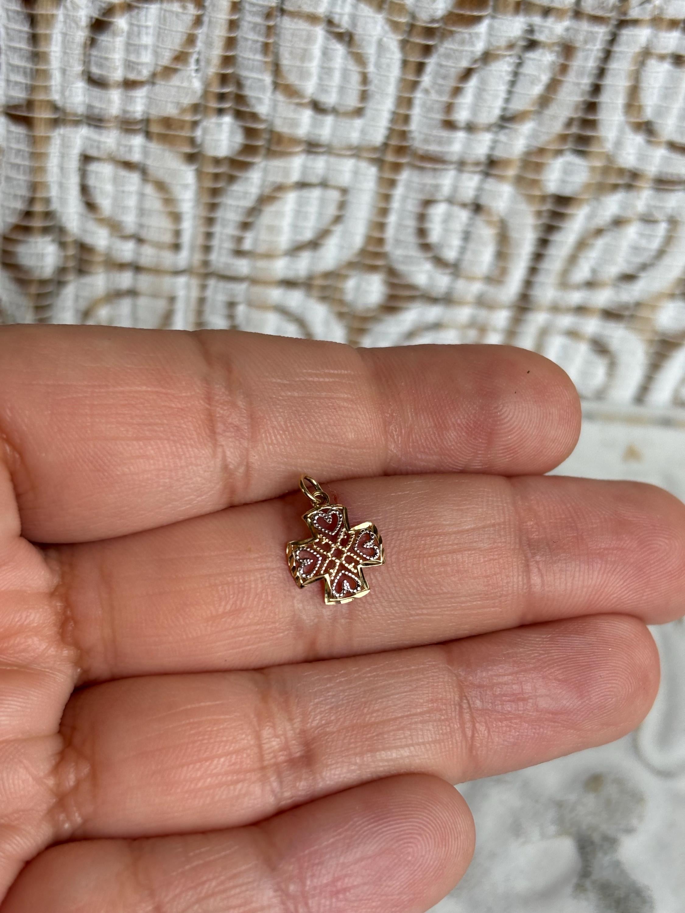 10K Yellow Gold Small Cross, with White Heart Detailing