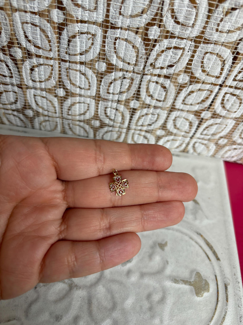 10K Yellow Gold Small Cross, with White Heart Detailing