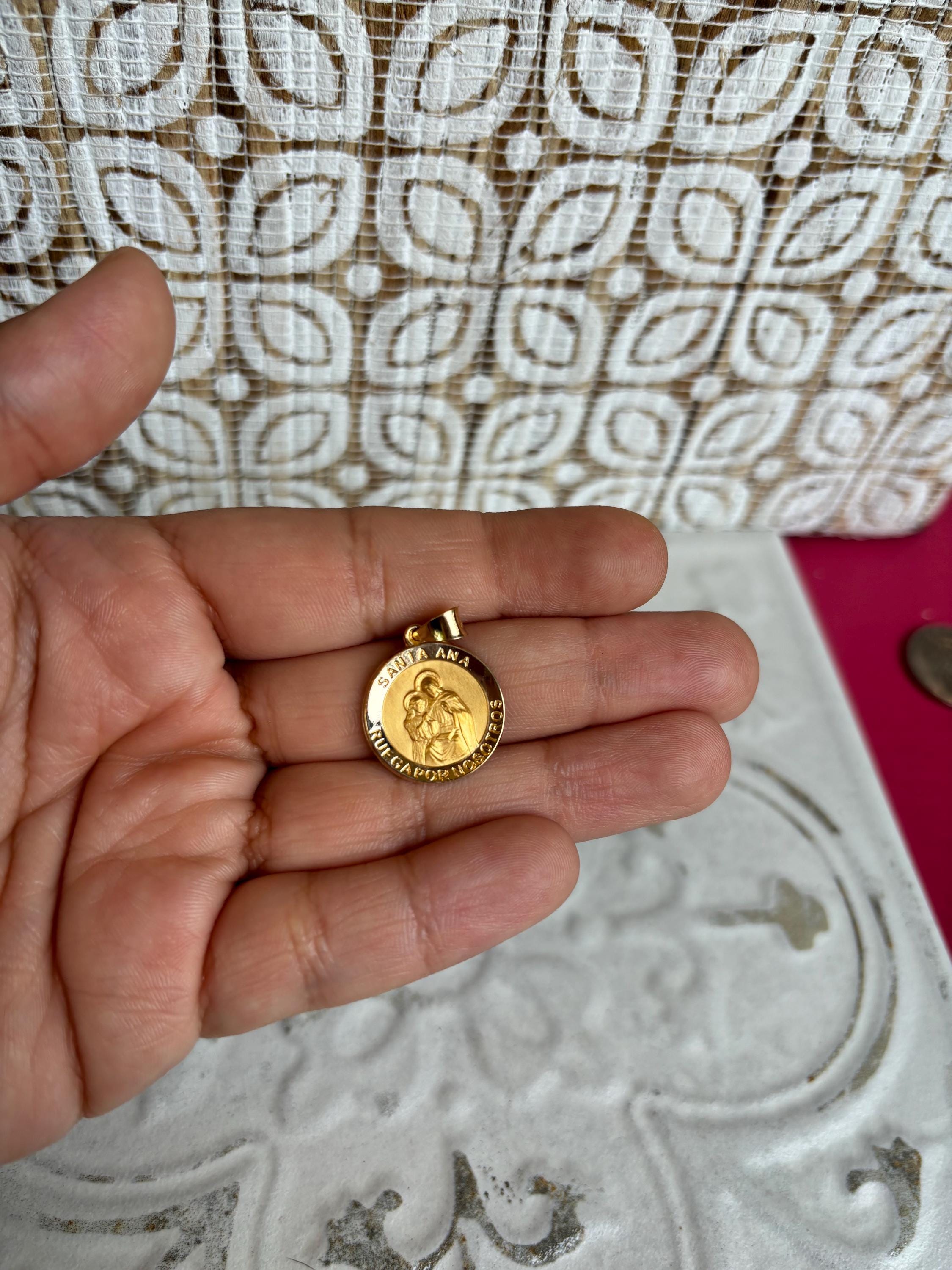 14K Polished and Satin Hollow Spanish Santa Ana Medal
