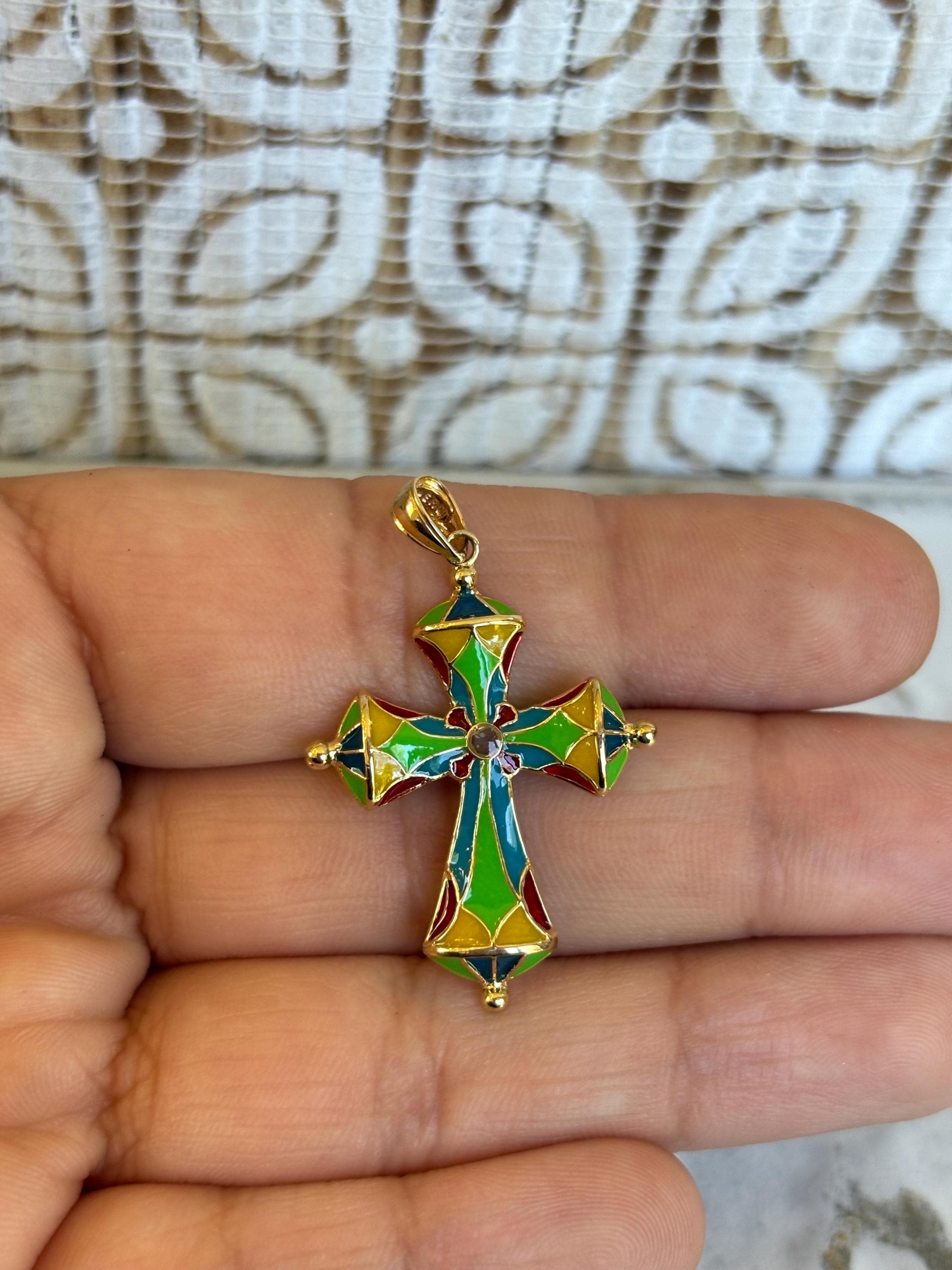 14K Stained Glass Inspired Cross Pendant