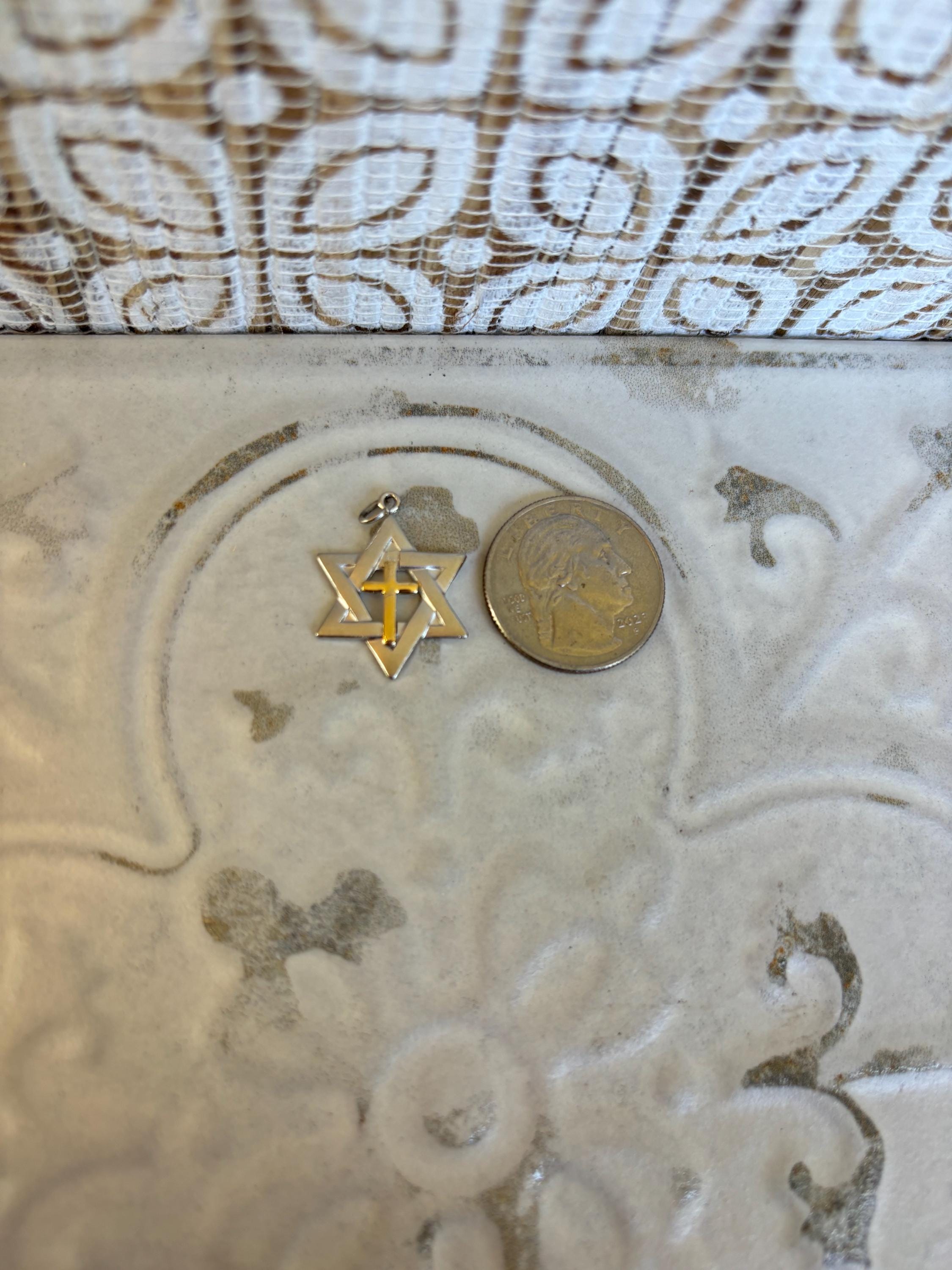Sterling Silver Platinum-plated Gold-tone Cross Star of David Charm