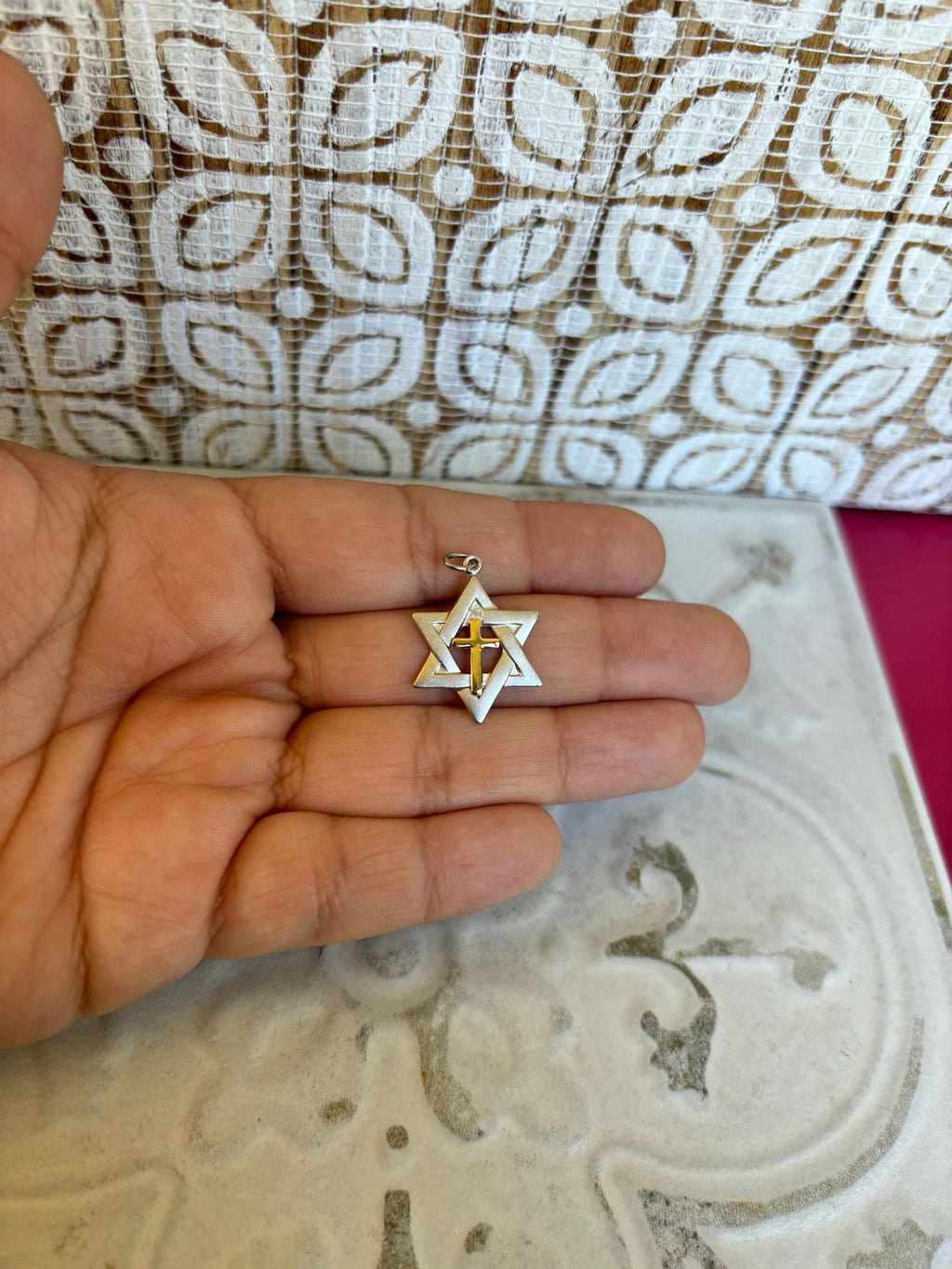 Sterling Silver Platinum-plated Gold-tone Cross Star of David Charm