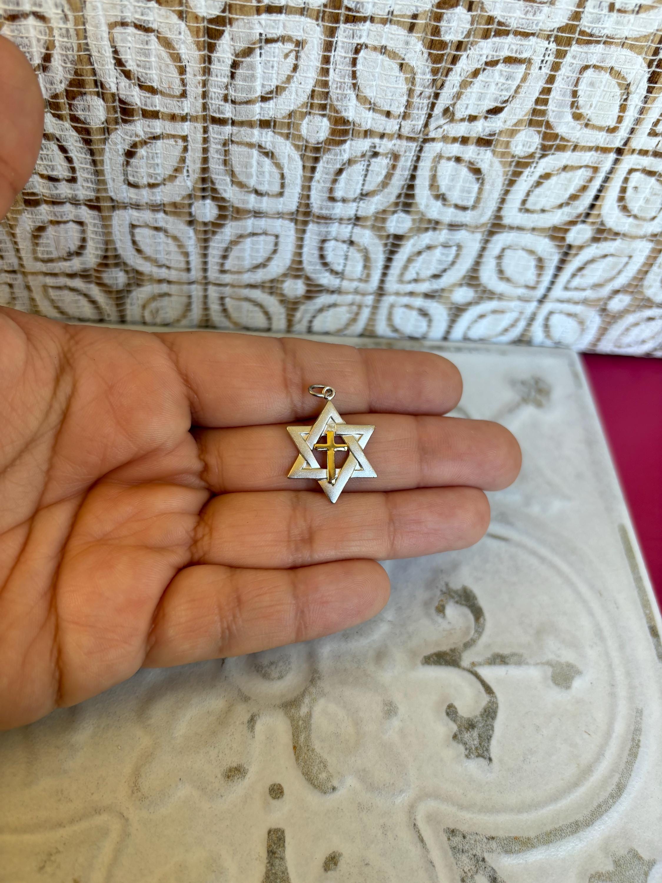 Sterling Silver Platinum-plated Gold-tone Cross Star of David Charm