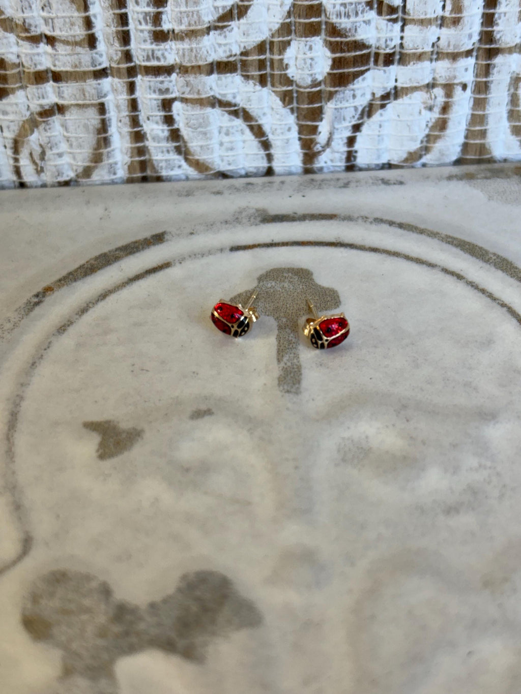 14K Small Red and Black Enamel Ladybug Earrings