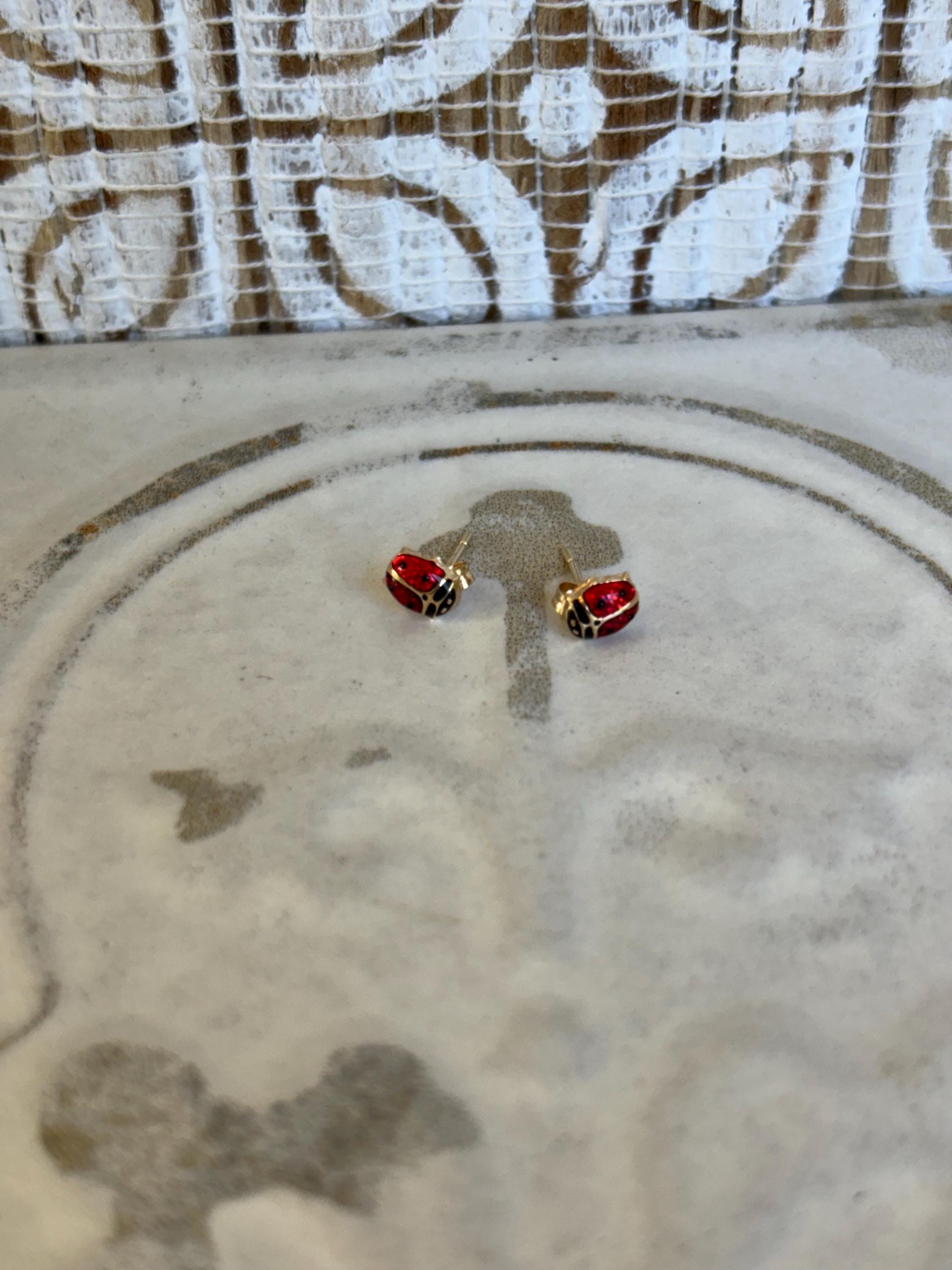 14K Small Red and Black Enamel Ladybug Earrings