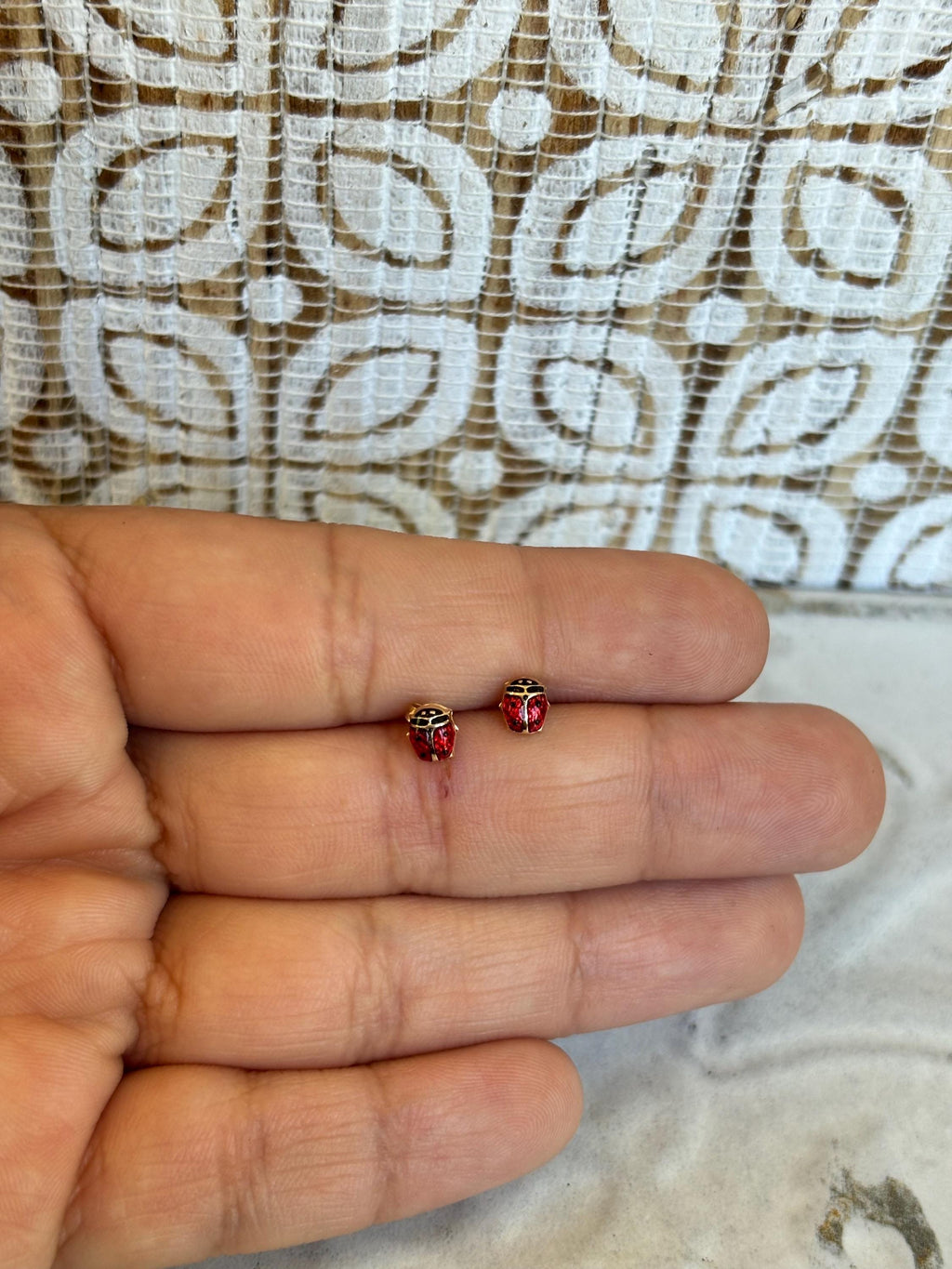 14K Small Red and Black Enamel Ladybug Earrings
