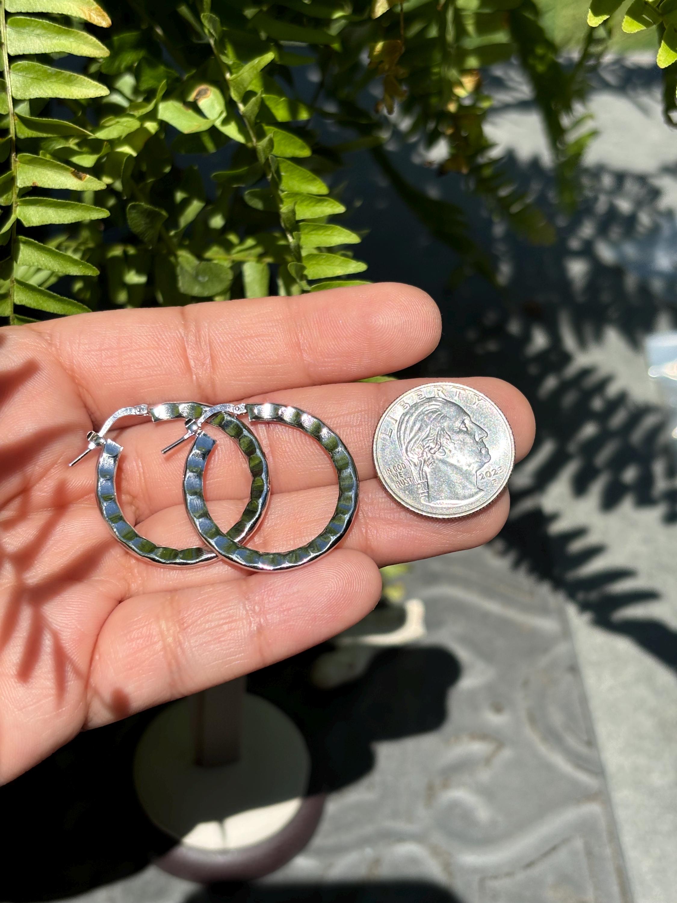 Sterling Silver Rh-plated Hammered Hoop Earrings