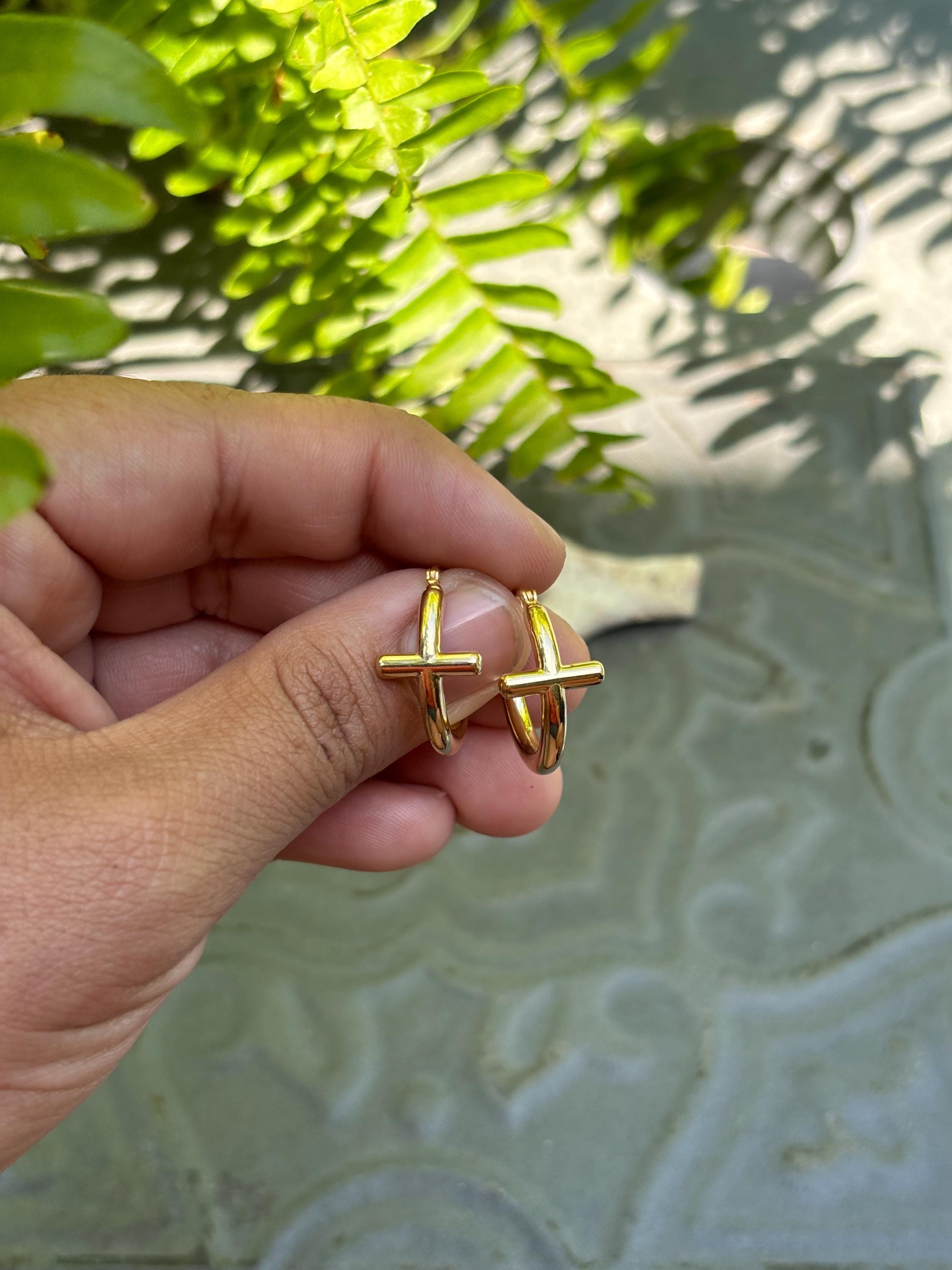 Sterling Silver- Gold Finish Cross Tube Hoops Earrings