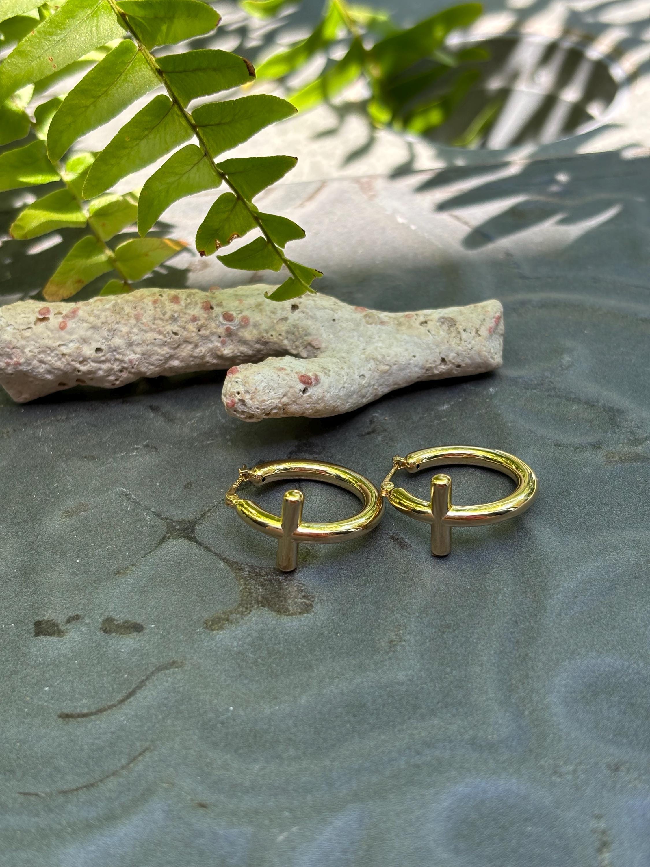 Sterling Silver- Gold Finish Cross Tube Hoops Earrings