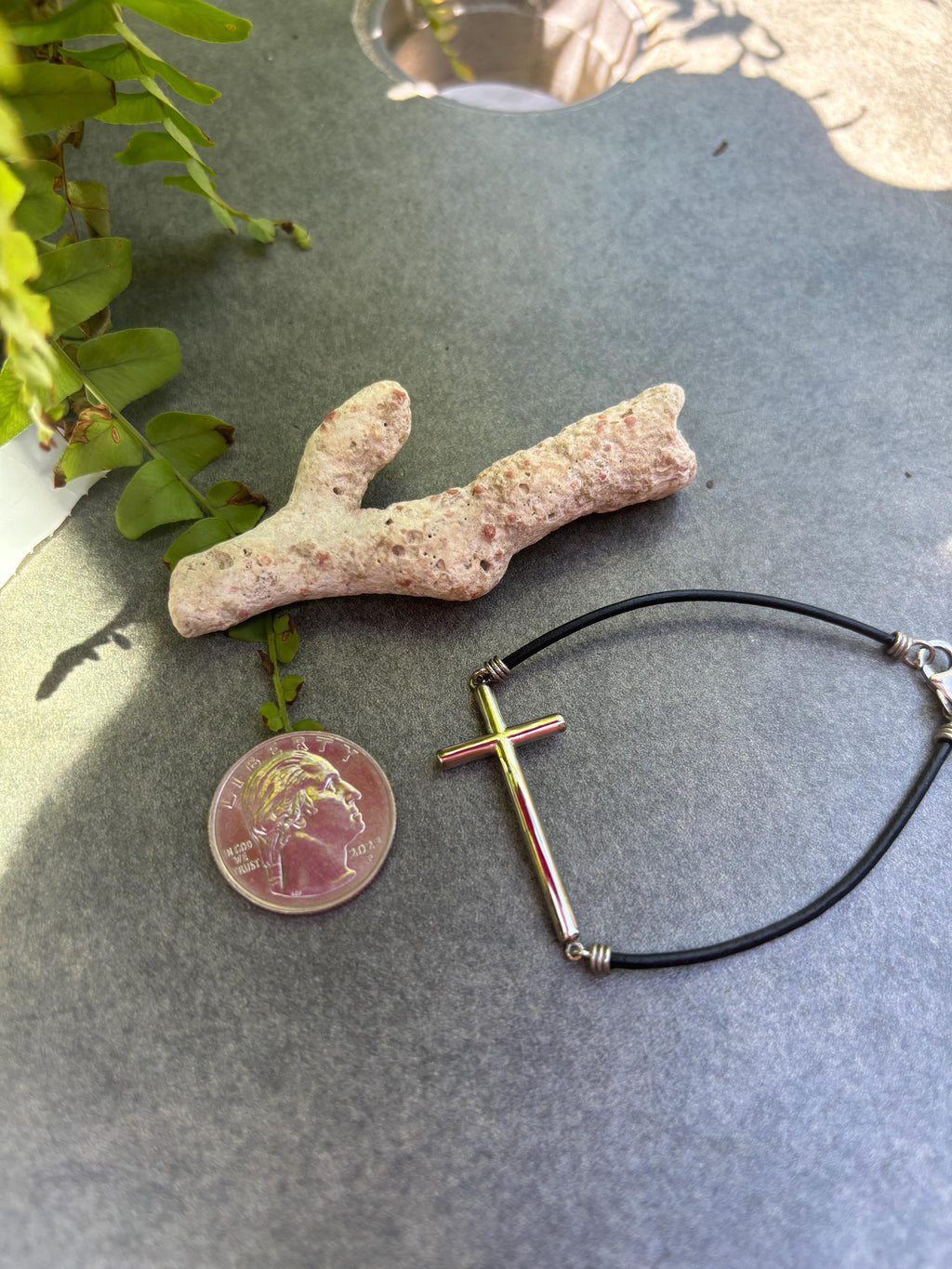 Sterling Silver Cross Bracelet Leather Strap