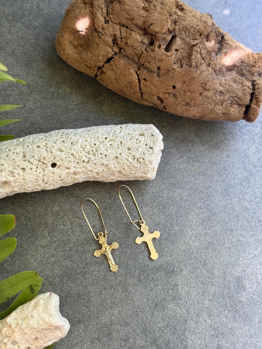 14k DetailedCrucifix Dangle Kidney Wire Earrings