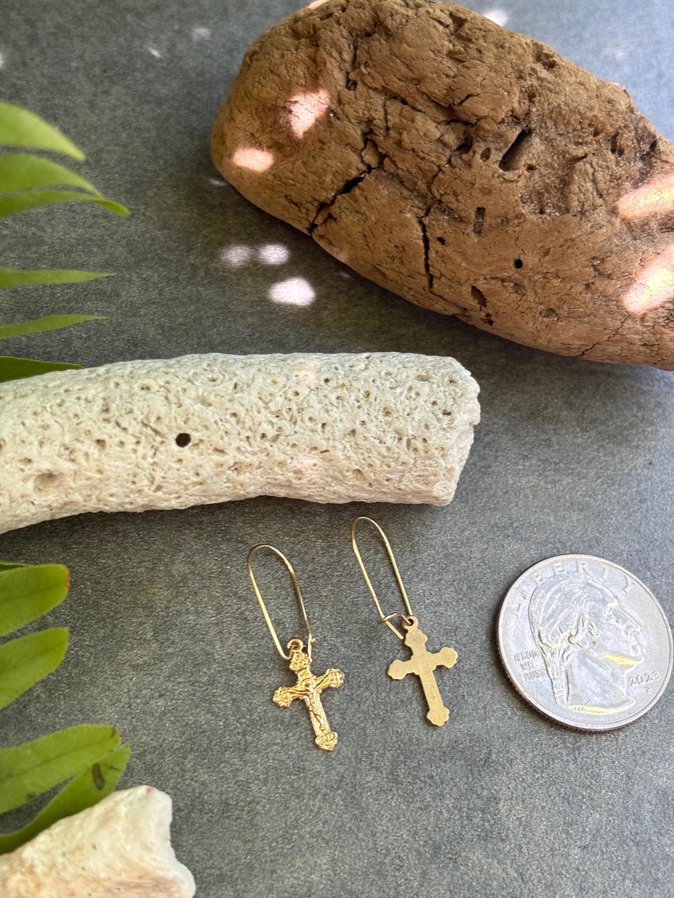 14k DetailedCrucifix Dangle Kidney Wire Earrings