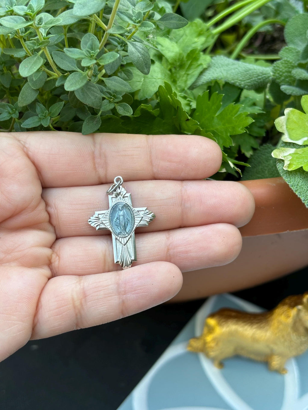 Sterling Silver Platinum-plated Miraculous Medal Cross with Clear Blue Accent