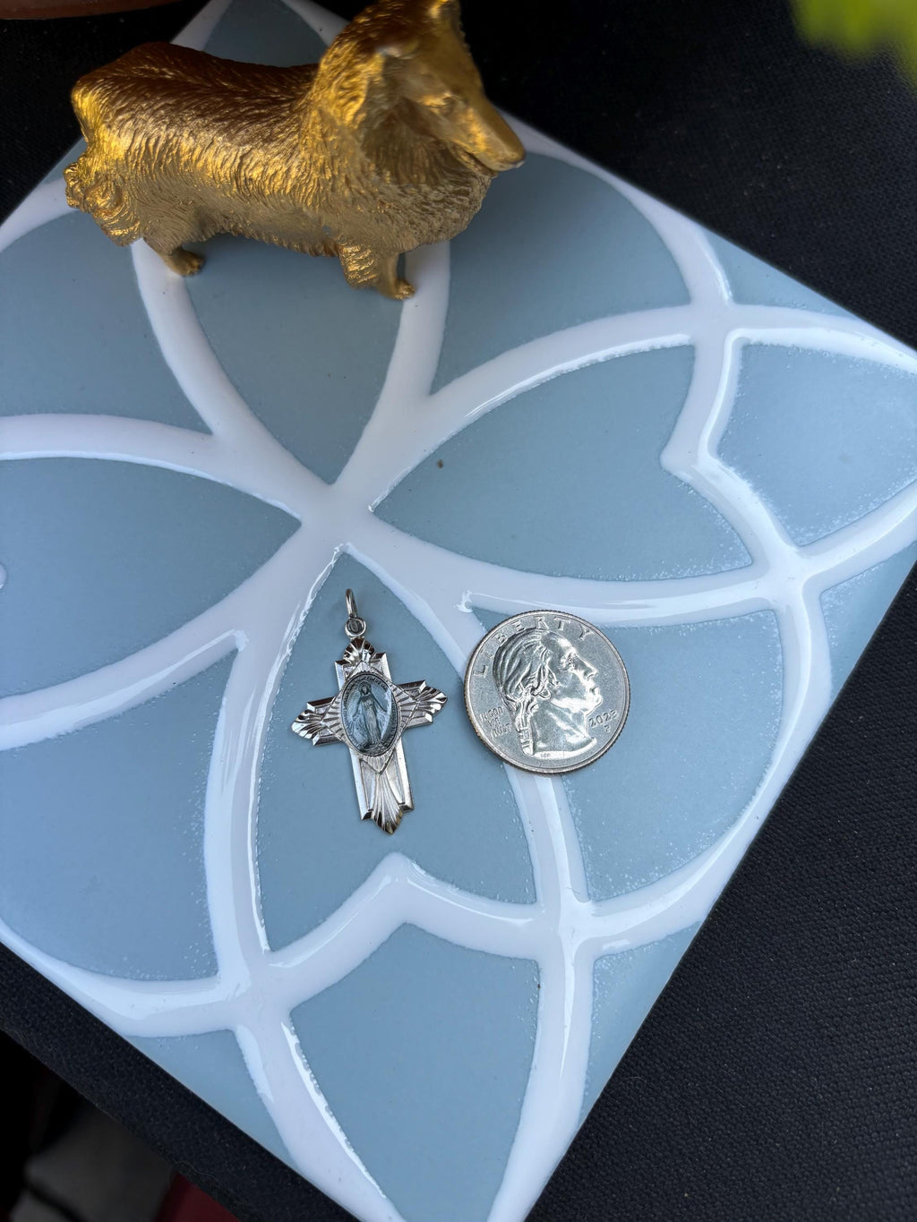 Sterling Silver Platinum-plated Miraculous Medal Cross with Clear Blue Accent