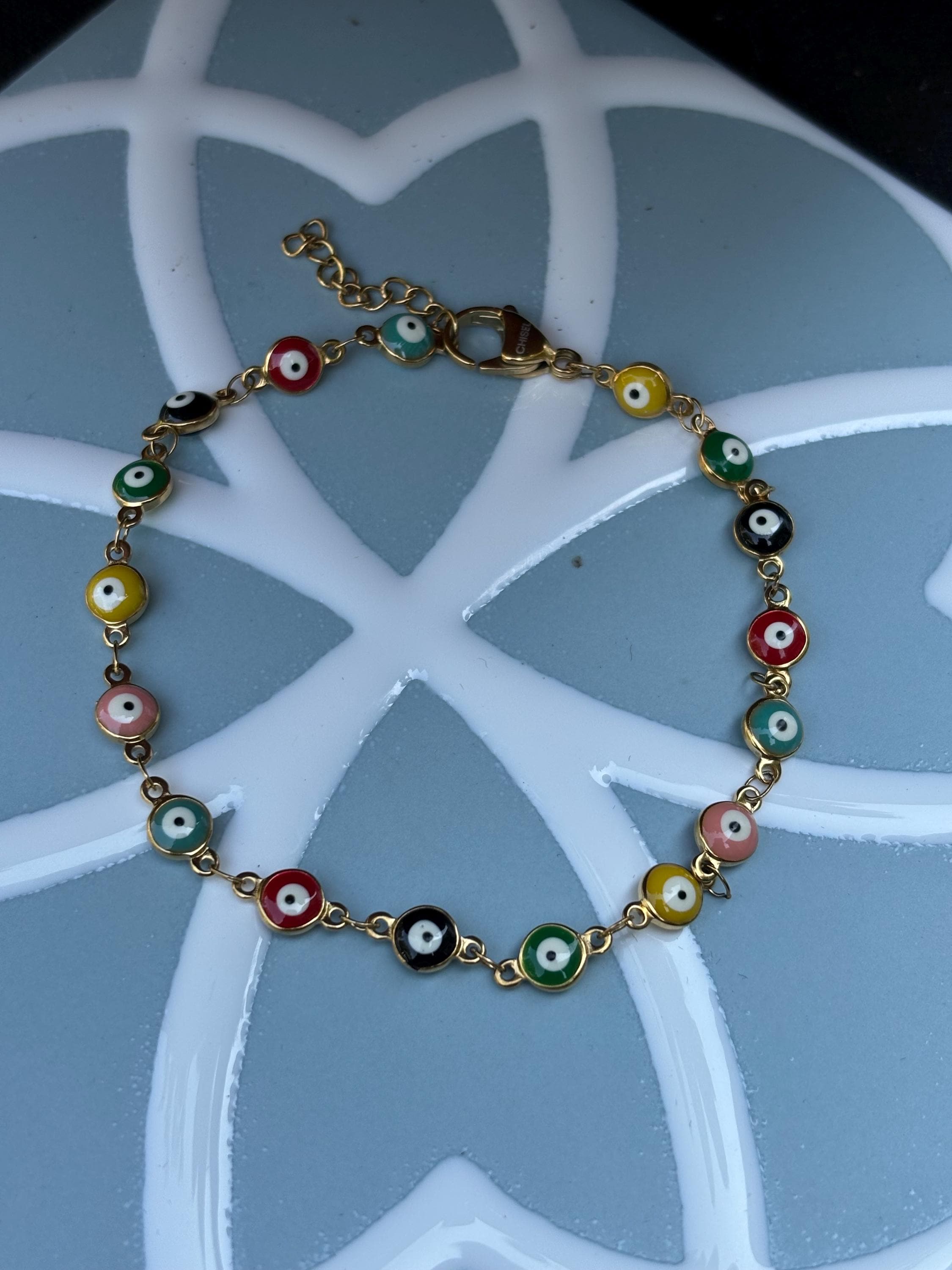 Chisel Stainless Steel Polished with Multicolor Evil Eye Anckle Bracelet
