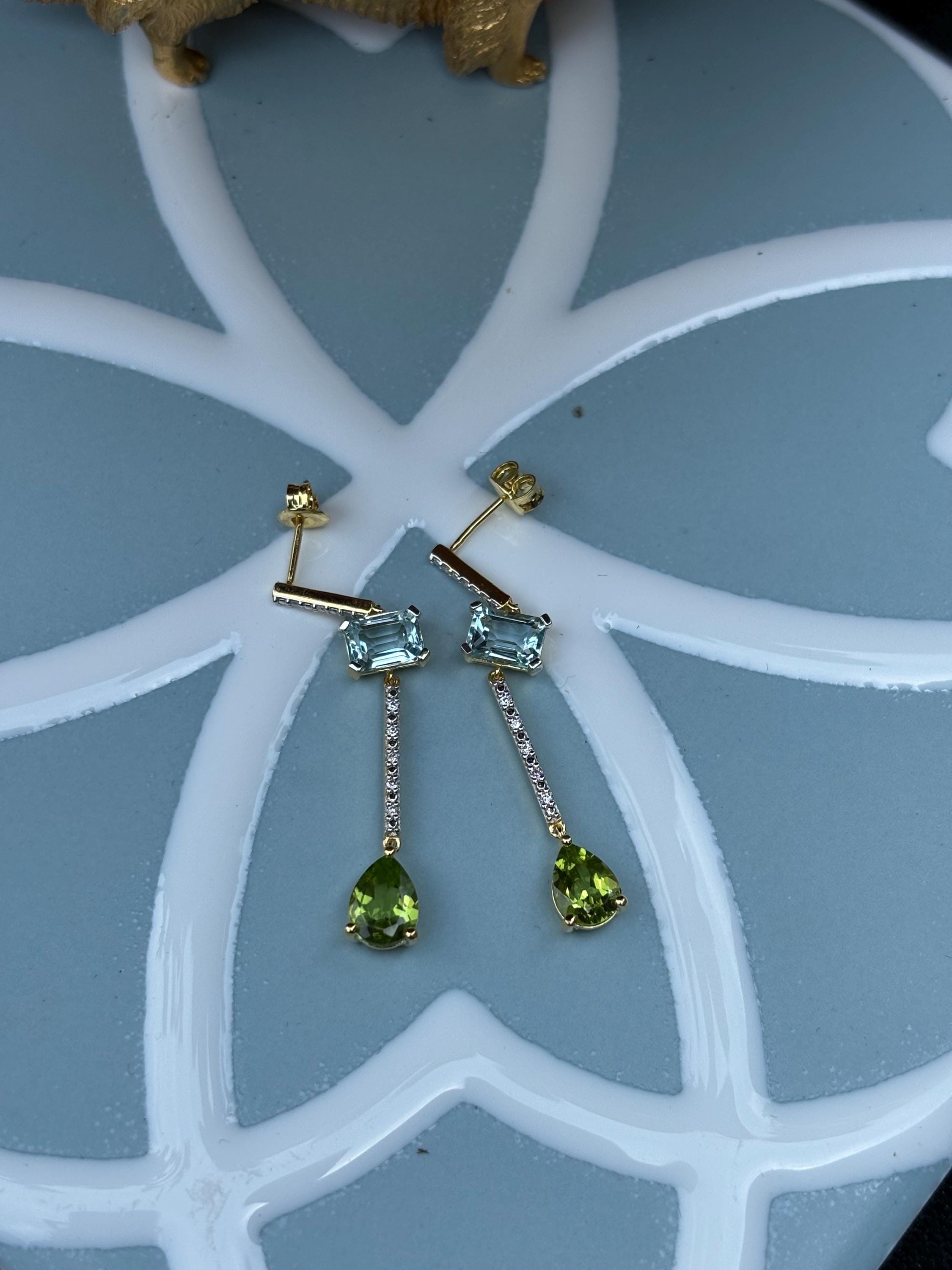 Sterling Silver Blue Topaz, Peridot, Diamond Earrings