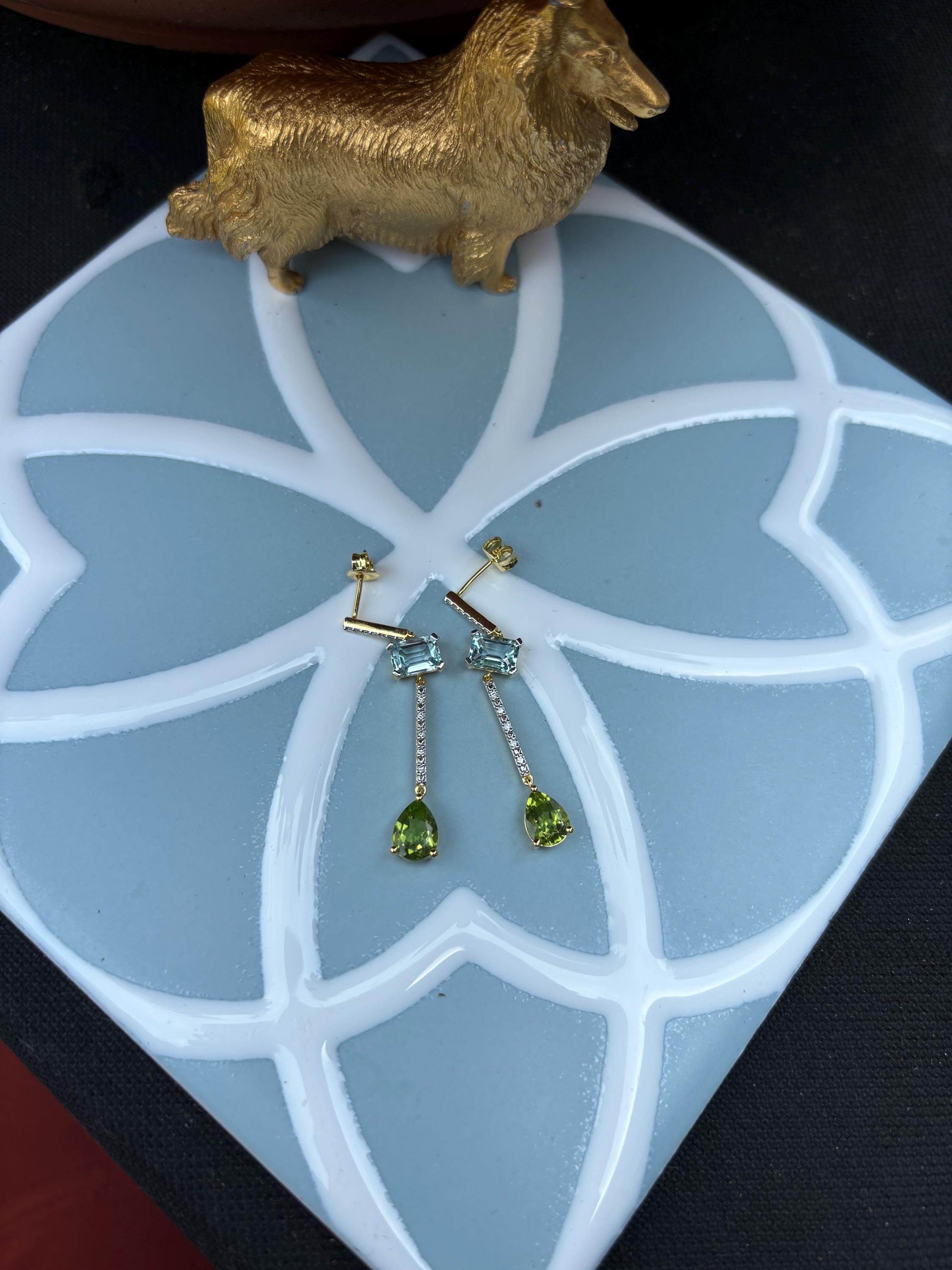 Sterling Silver Blue Topaz, Peridot, Diamond Earrings