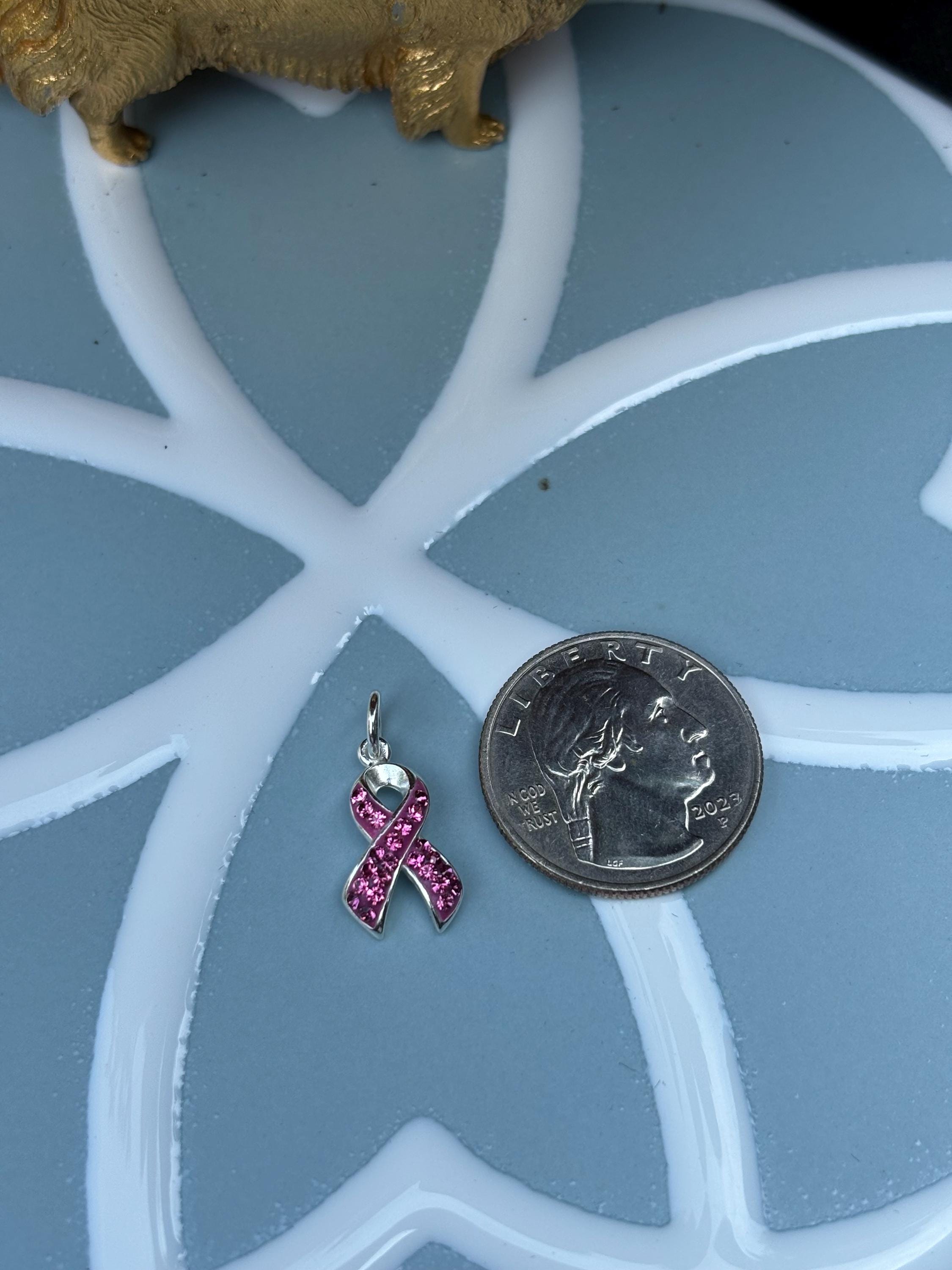 Sterling Silver Crystal Pink Cancer Awareness Ribbon Pendant