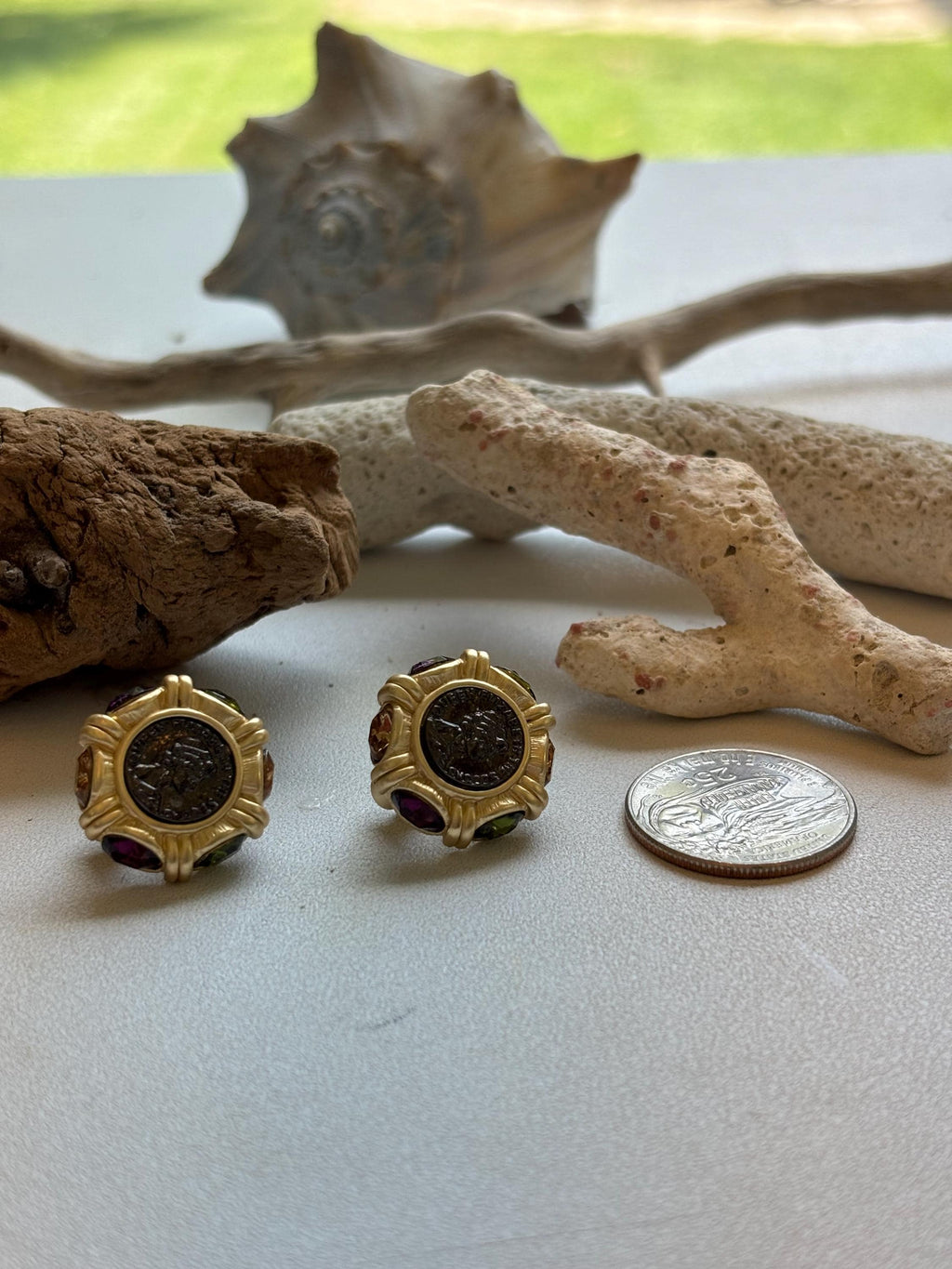 Stone Coin Earrings with Detailed Clasp
