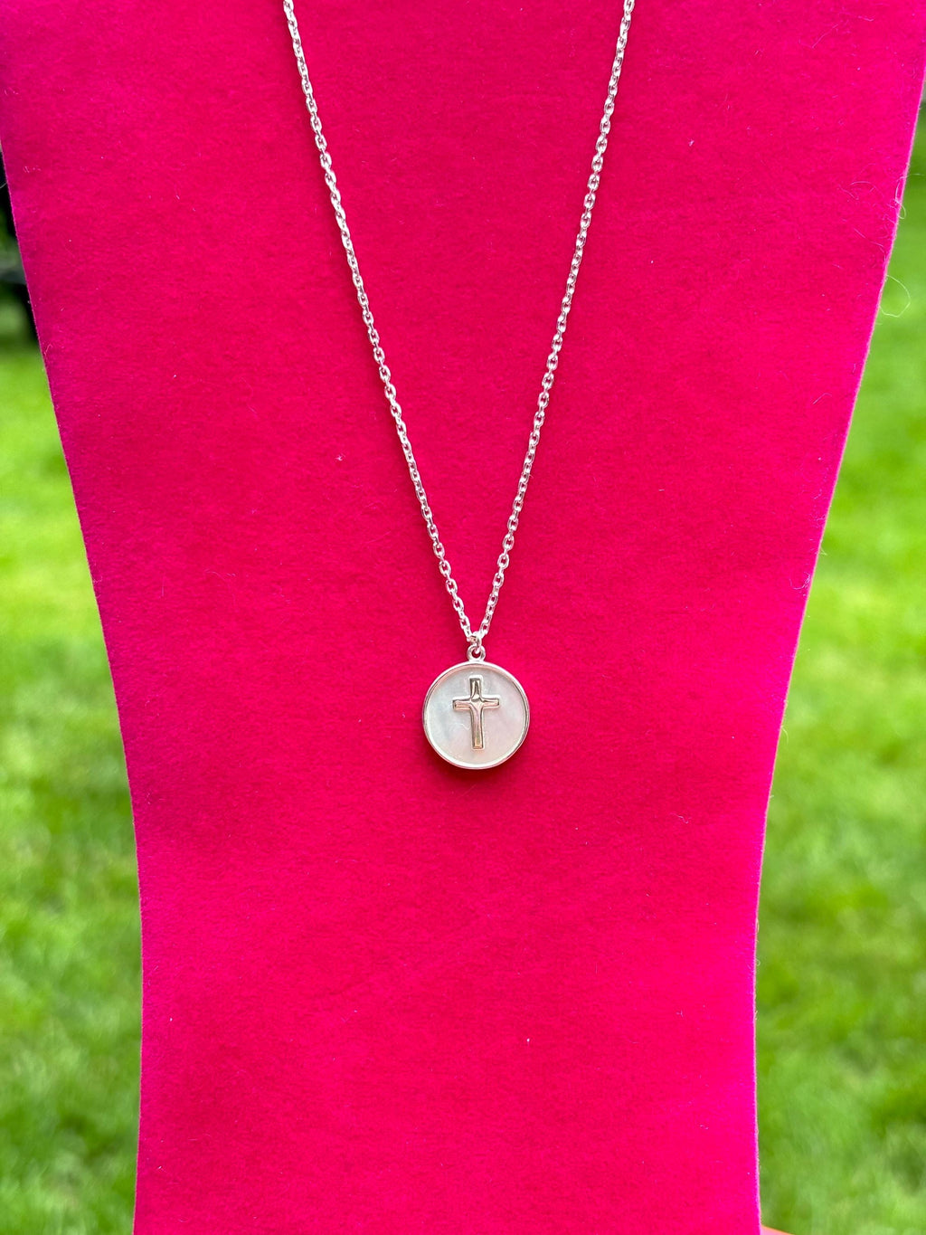 Sterling Silver Polished Mother Of Pearl Cross Necklace