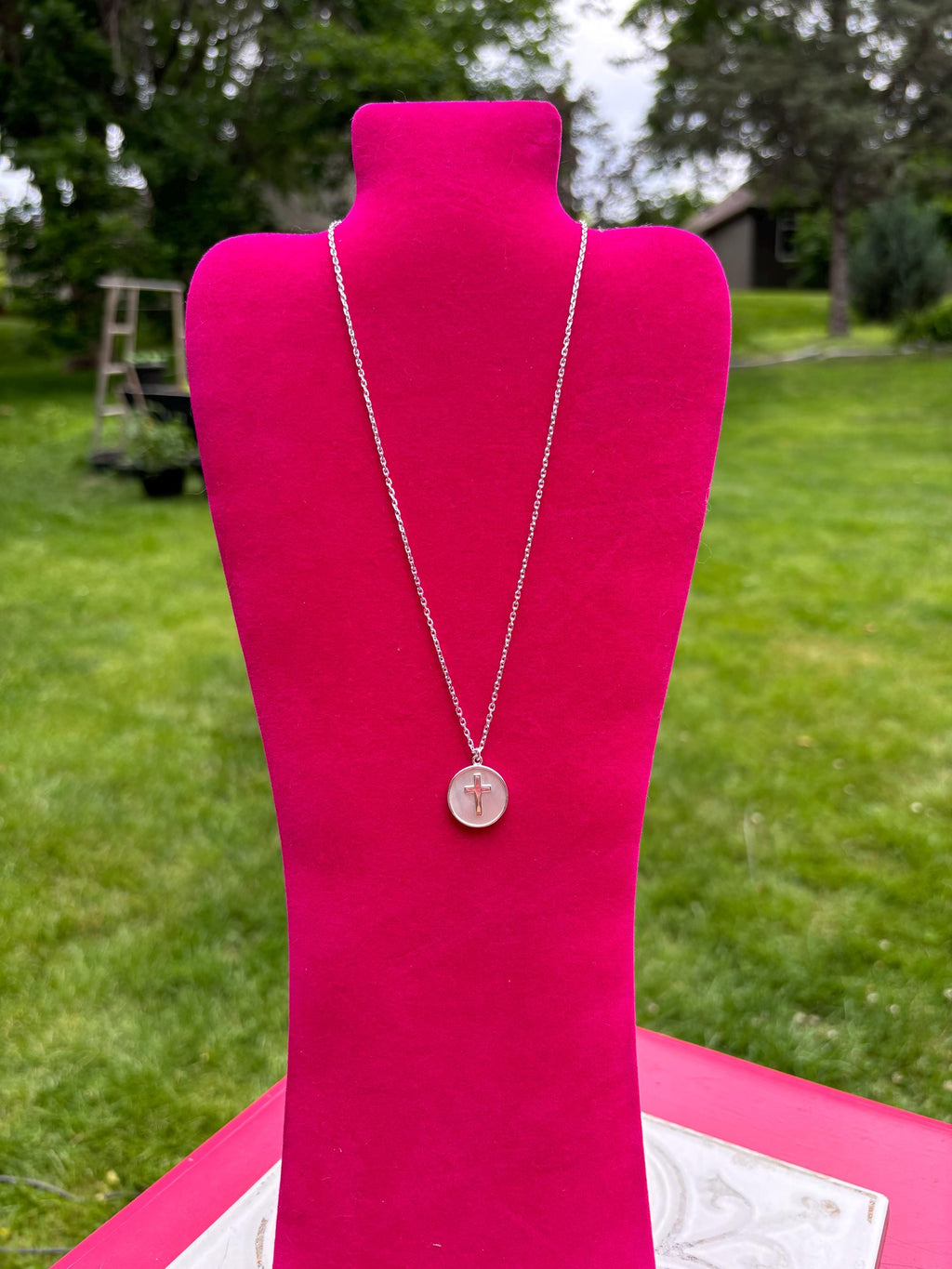 Sterling Silver Polished Mother Of Pearl Cross Necklace