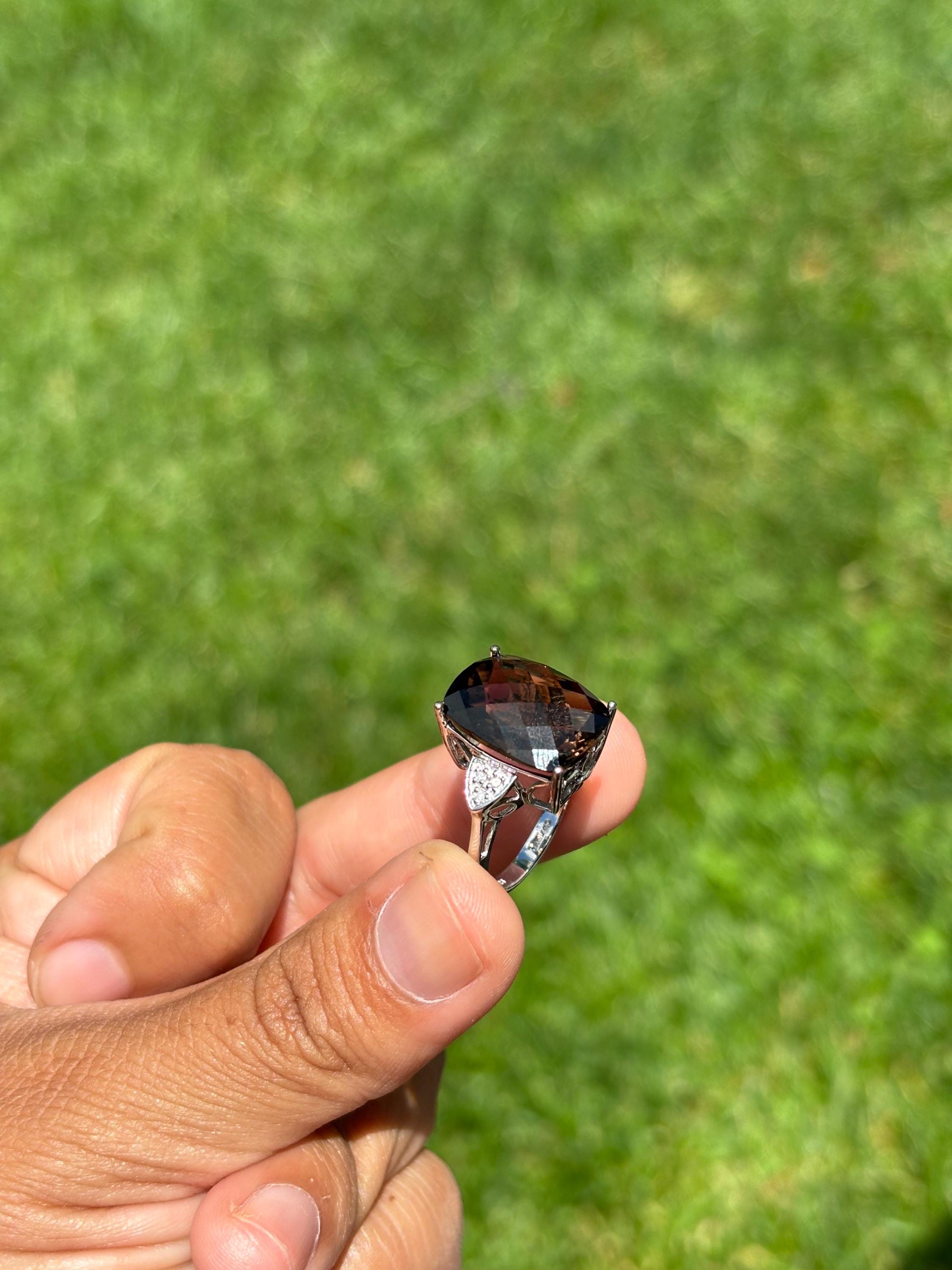 Sterling Silver Checker-Cut Smoky Quartz and Diamond Ring