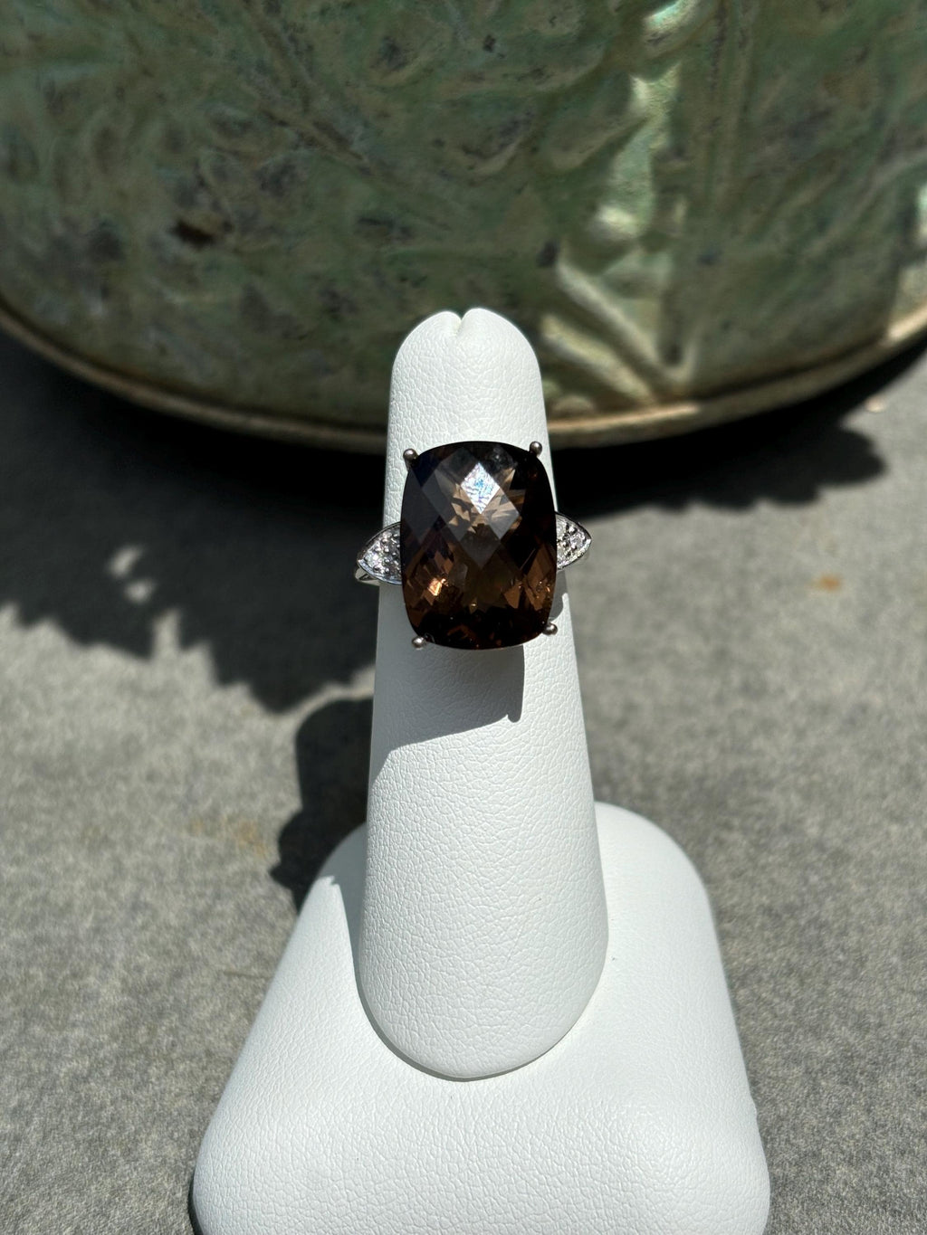 Sterling Silver Checker-Cut Smoky Quartz and Diamond Ring