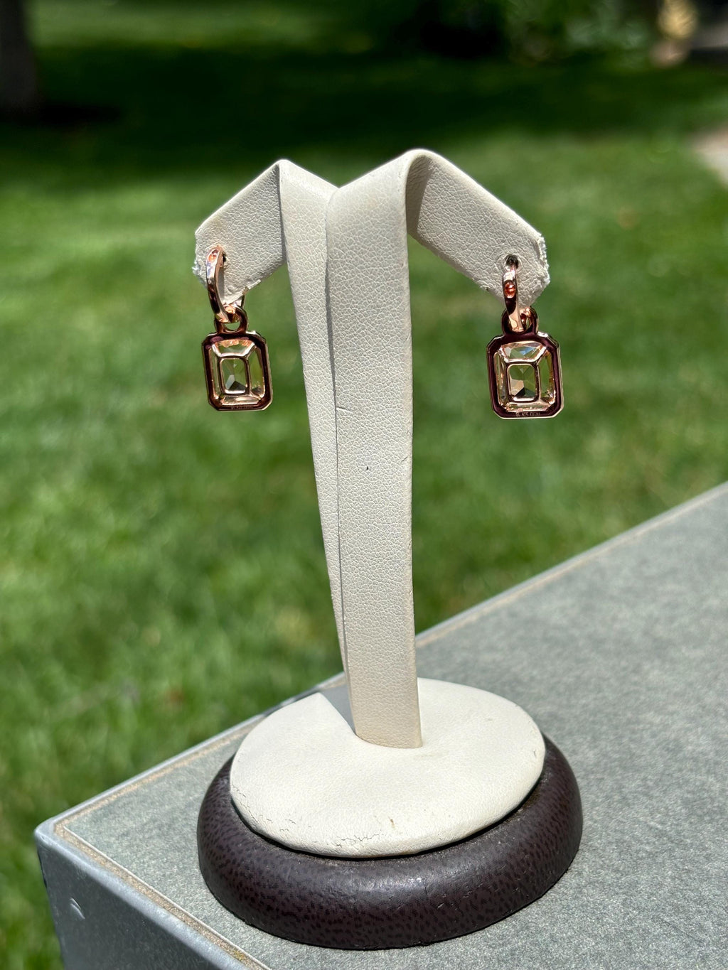 Sterling Silver Rose-tone Polished Pink Glass Stone Dangle Hoop Earrings