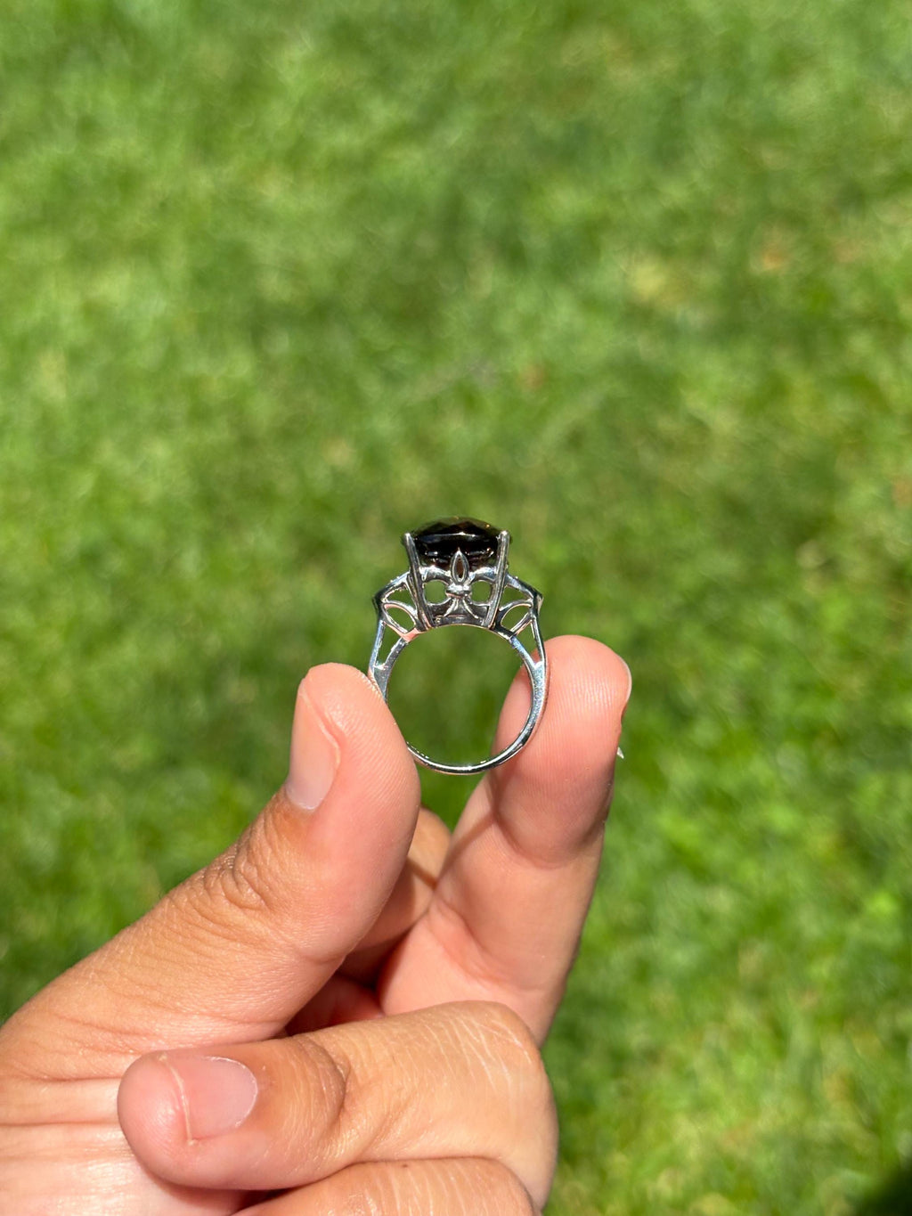 Sterling Silver Checker-Cut Smoky Quartz and Diamond Ring