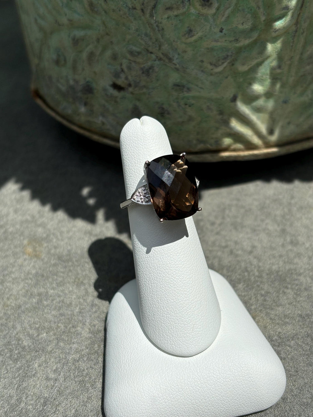 Sterling Silver Checker-Cut Smoky Quartz and Diamond Ring