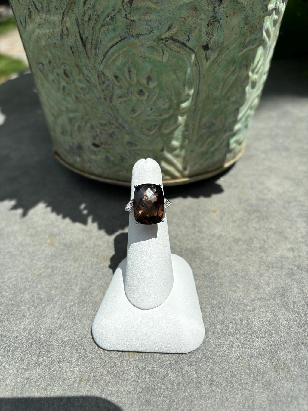 Sterling Silver Checker-Cut Smoky Quartz and Diamond Ring