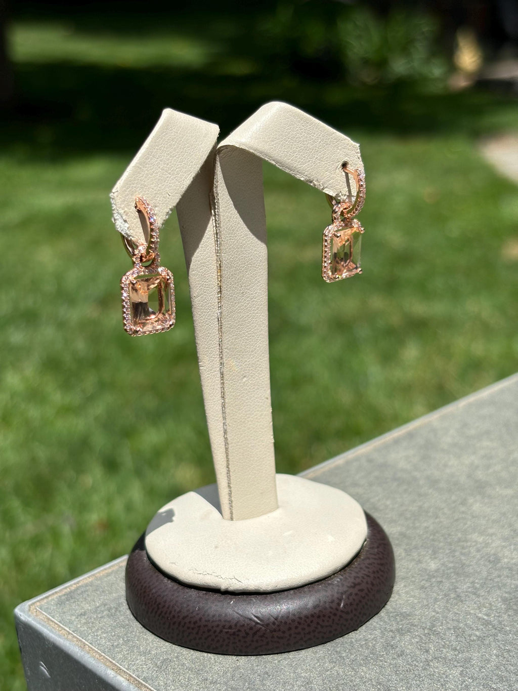 Sterling Silver Rose-tone Polished Pink Glass Stone Dangle Hoop Earrings